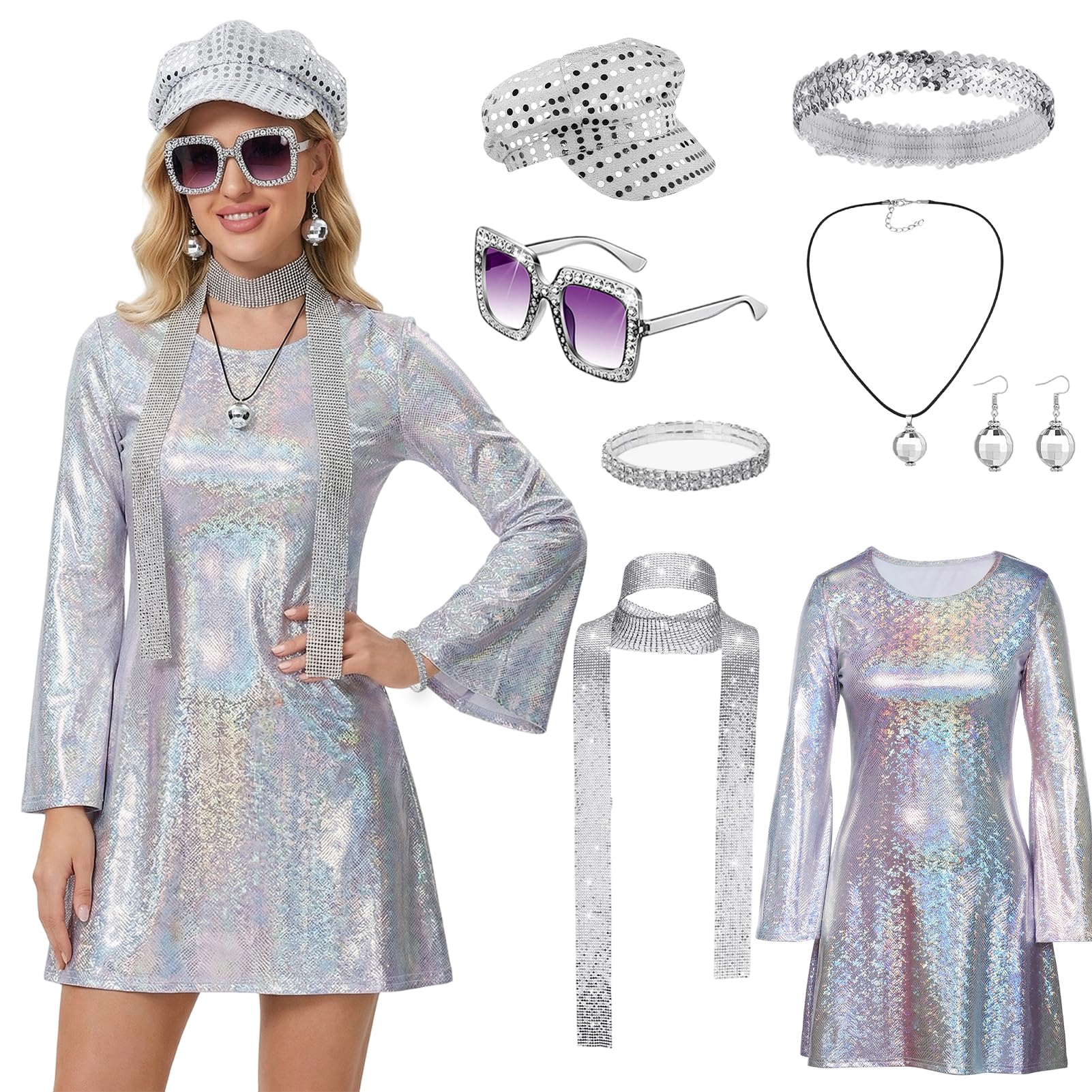 Crittygo 70s Disco Costume for Women, Disco Outfit Set with Sparkle Flare Jumpsuit Glasses Hat Necklaces Earring, Ladies 70s Fancy Dress for Theme Party