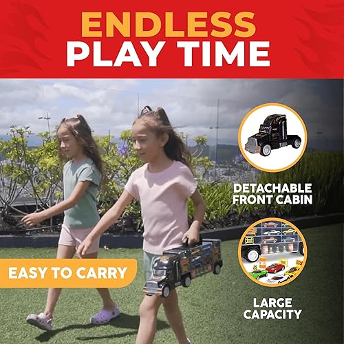 Miniatura 5 de WolVol Auto de transporte camión transportador de juguete para niños Incluye 6 autos y 28 ranuras