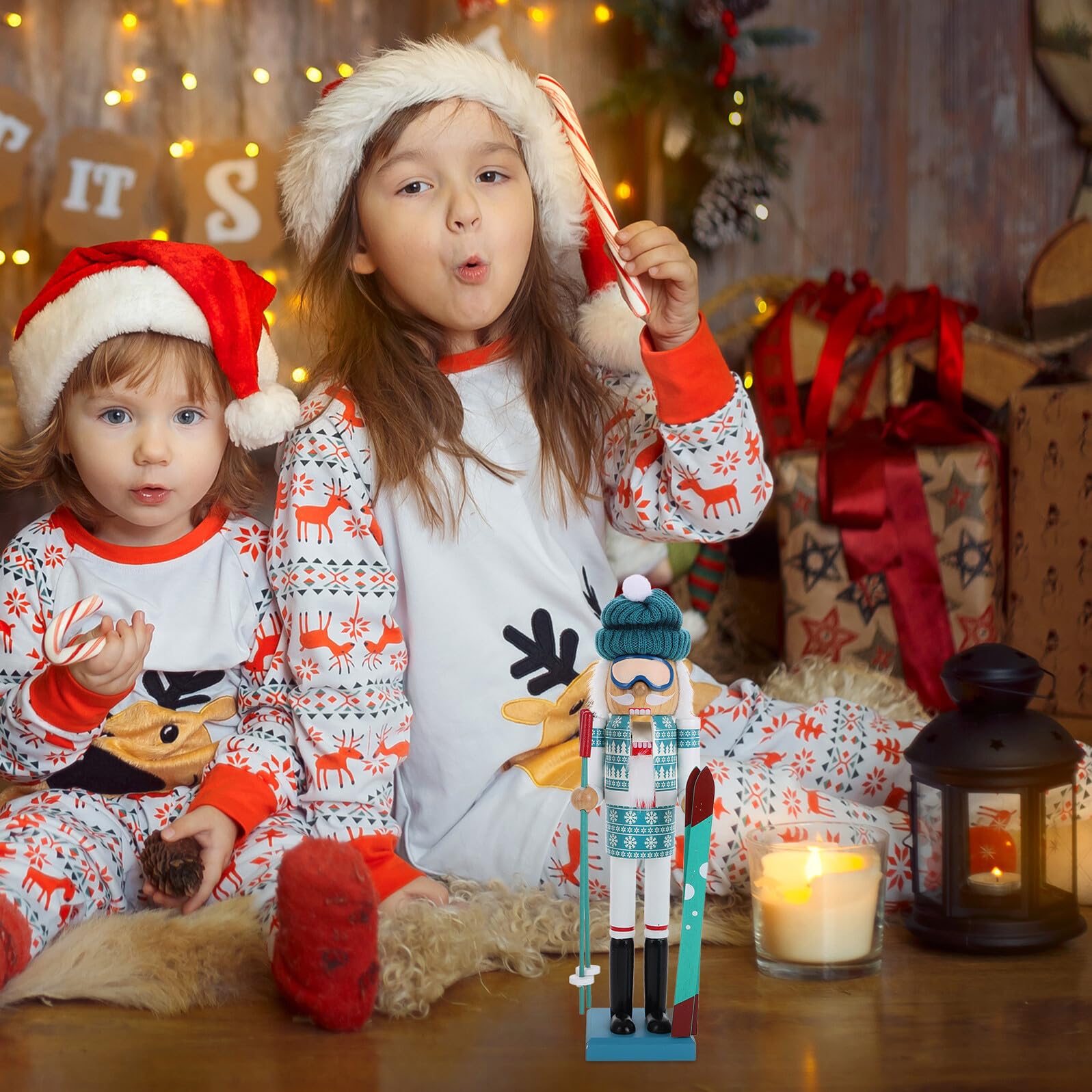 Baluue Holz Weihnachtsmannfigur Ski Fahrend Dekorative Puppenfiguren für Tisch Weihnachtsdekorationen für Zuhause und Garten