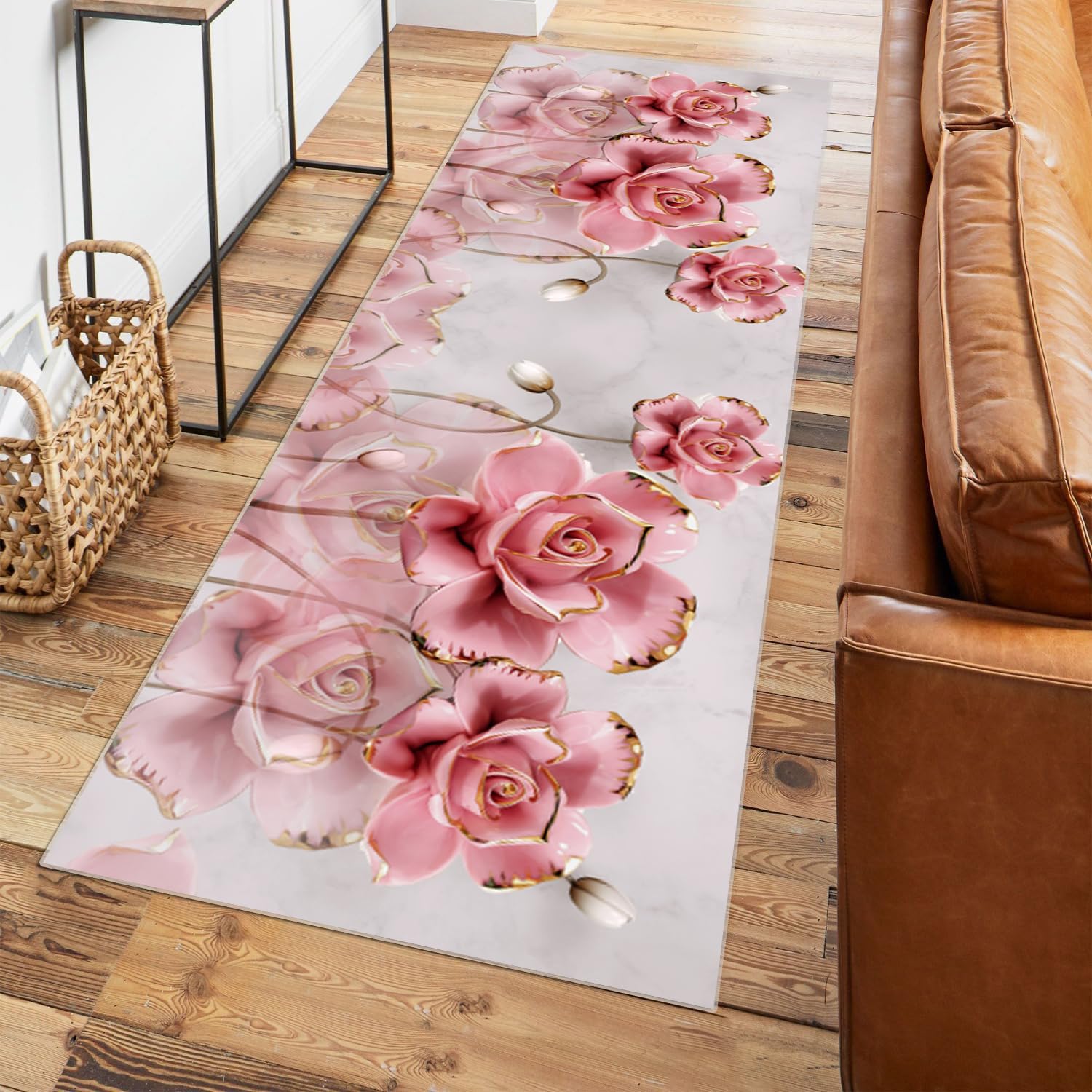 Tappeto Cucina Antiscivolo Lavabile 3.4 Metri Crema rosa Passatoia Corridoio Tappeti Casa 3D Motivo Floreale Tappeto Camera Per Cucina Bagno Soggiorno Passatoia Al Metro，50x340cm