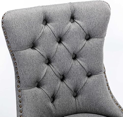 Miniatura 4 de Juego de 2 sillas de comedor, sillas decorativas de tela de lino con patas de madera maciza, ribete de cabeza de clavo de cobre, tirador de anillo