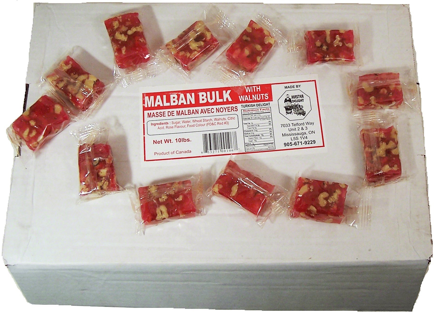 Master Delight malban bulk with walnuts, turkish delight, individually wrapped in 10-lb. box