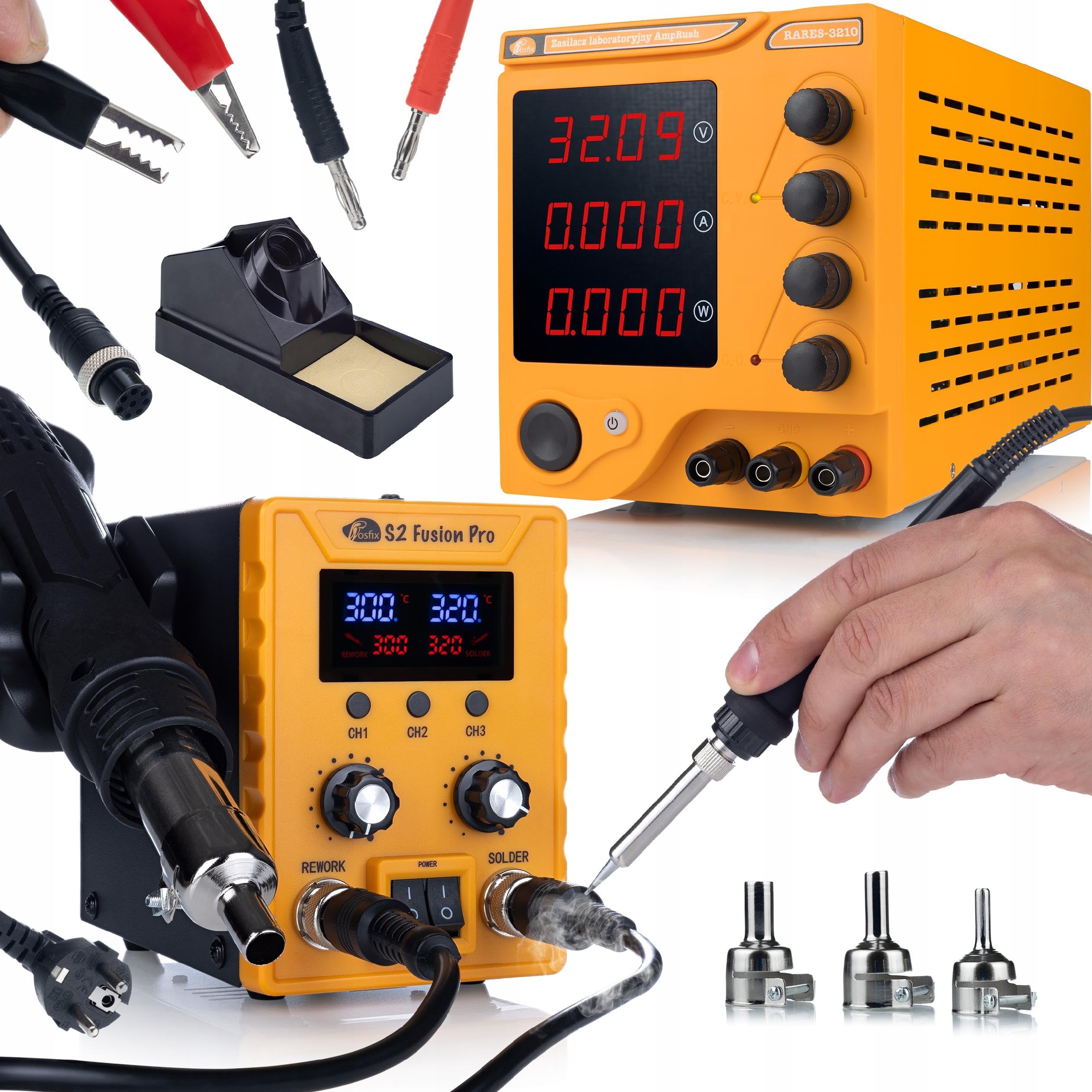 Rosfix AmpRush RARES-3210 + S2 Fusion Pro – zasilacz laboratoryjny 32 V 10 A i stacja lutownicza 760 W | LCD, CV/CC, ESD Safe | do elektroniki, elektrotechniki, elektrolizy | sprzęt warsztatowy