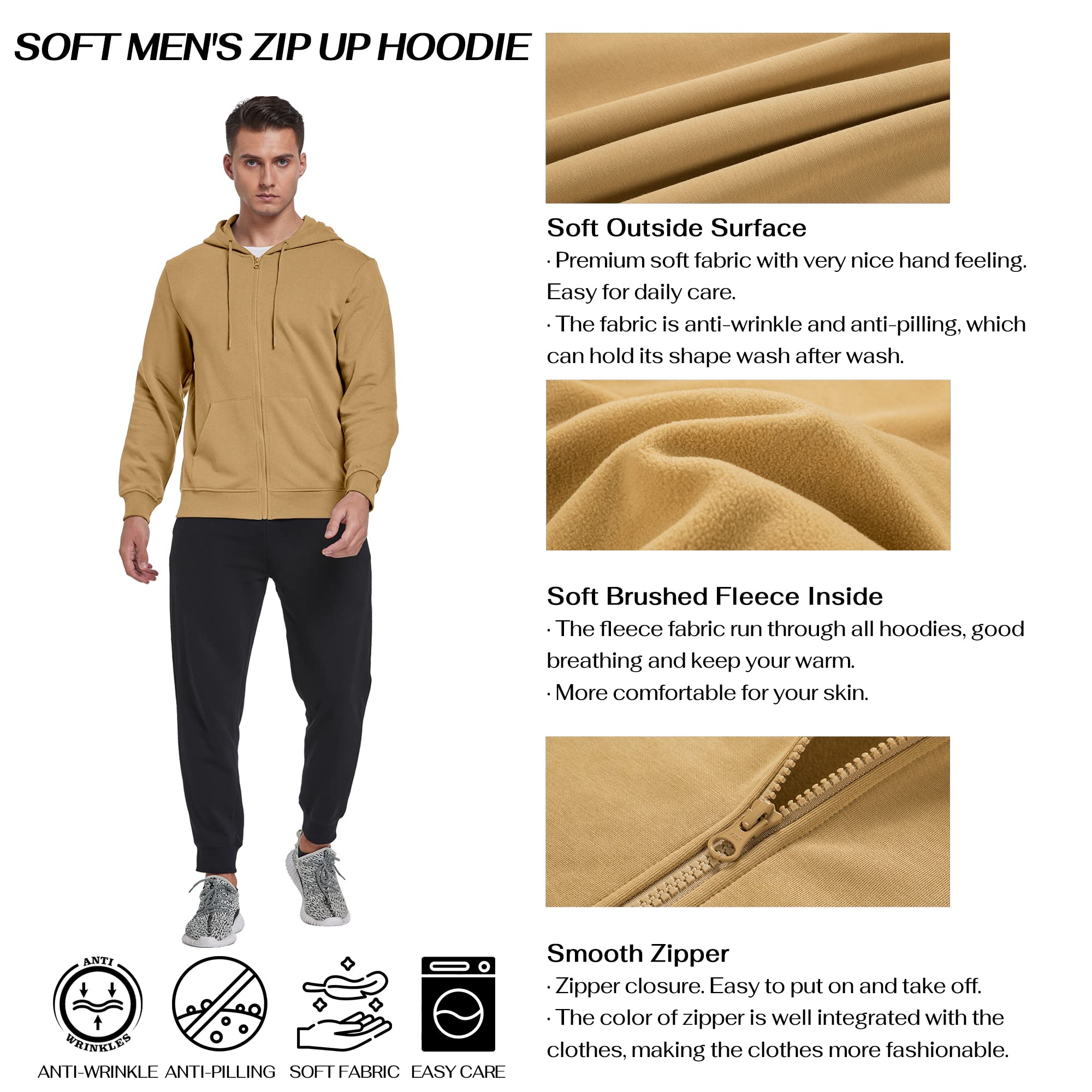 BETTERCHIC Męska sportowa bluza z kapturem na całej długości z kapturem kurtka polarowa płaszcz długi rękaw ściągana bluza S-3XL, Khaki, 3XL