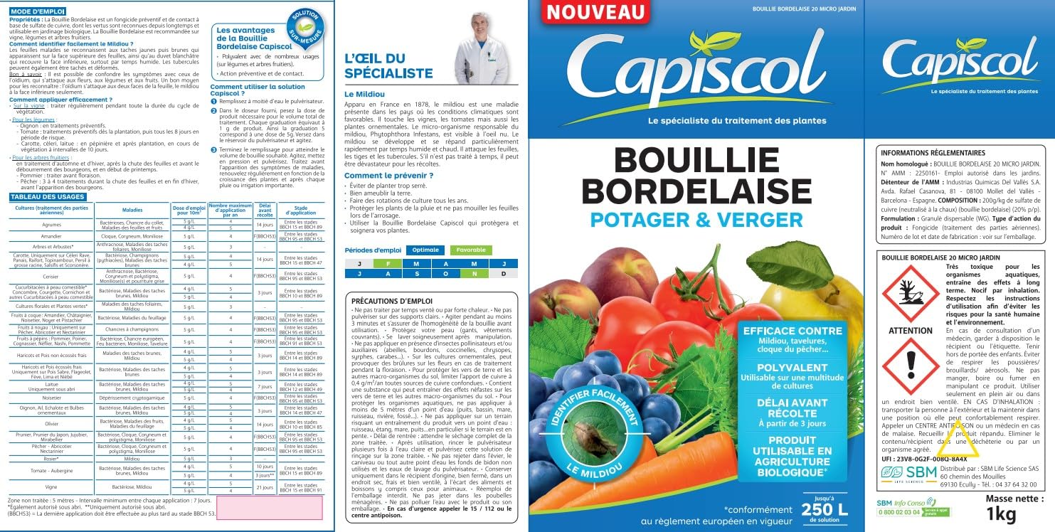 CAPISCOL Bouillie Bordelaise - Granulés - 250L de Solution - 1Kg | Fongicide Polyvalent - Préventif & Traditionnel - Mildiou, Tavelure, Cloque du Pêcher - Coloration Bleue - BB1000