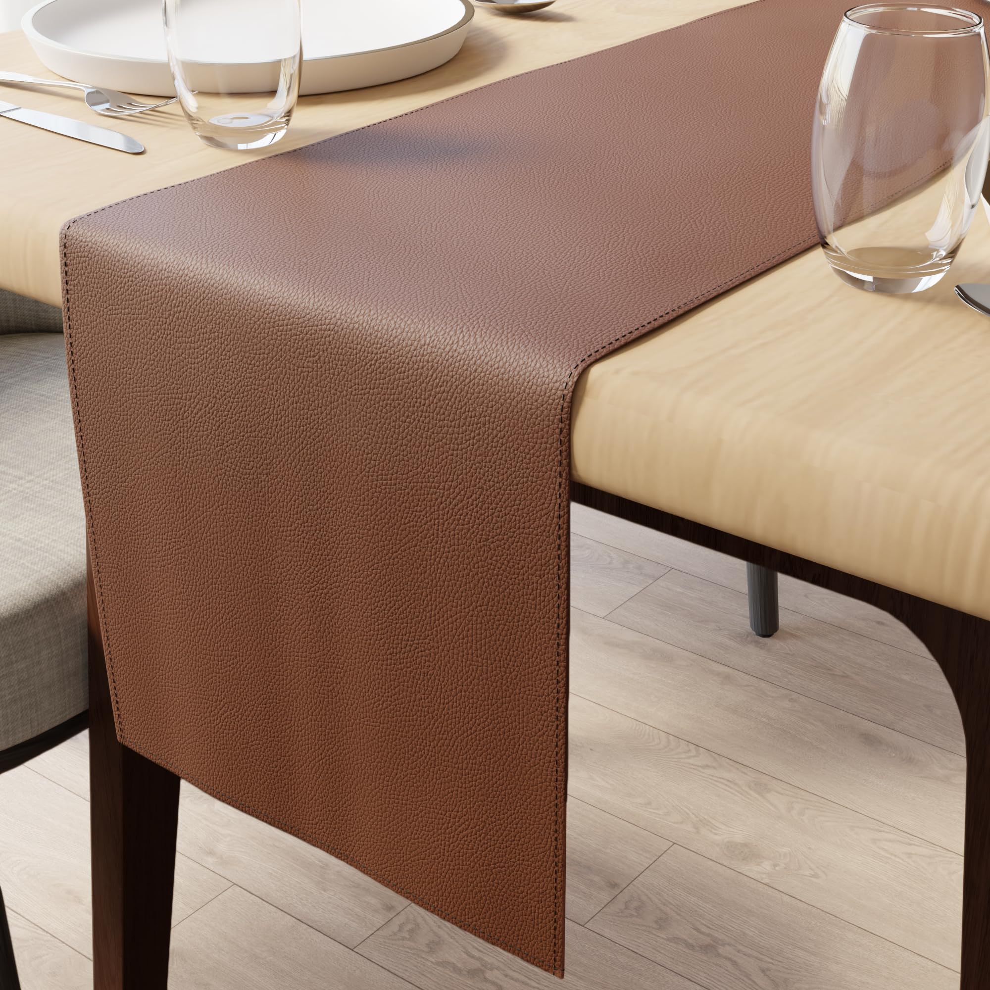 Encasa XO Faux Leather Table Runner | Size 30x150 cm with 0.7mm Thick | Waterproof & Nonslip Tricot Backing | Tan Color For Dining & Kitchen Table Decor