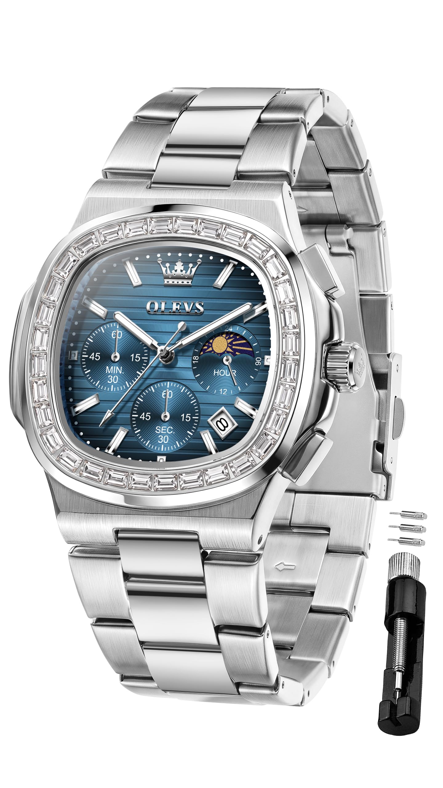 OLEVS Herrenuhr Analoger Quarz Chronograph mit blauem Zifferblatt, Lünette mit Kristallbesatz und Edelstahlarmband