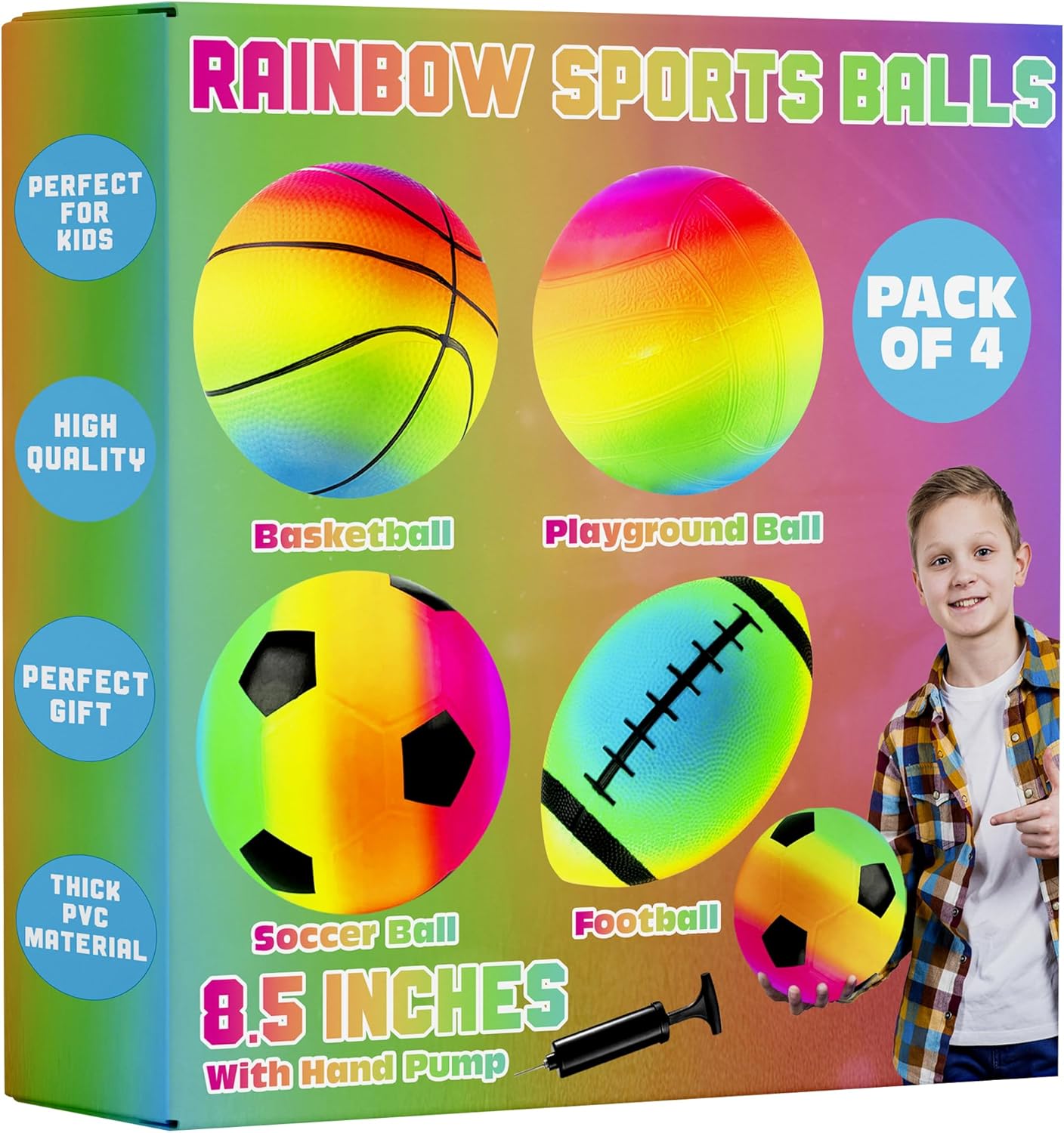 PlayBolt Rainbow Sports Balls for Kids & Toddlers - 4-Pack 8.5" Neon Football, Soccer, Basketball, Playground Balls with Pump Indoor/Outdoor