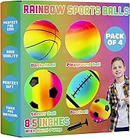 PlayBolt Rainbow Sports Balls for Kids & Toddlers - 4-Pack 8.5" Neon Football, Soccer, Basketball, Playground Balls with Pump Indoor/Outdoor