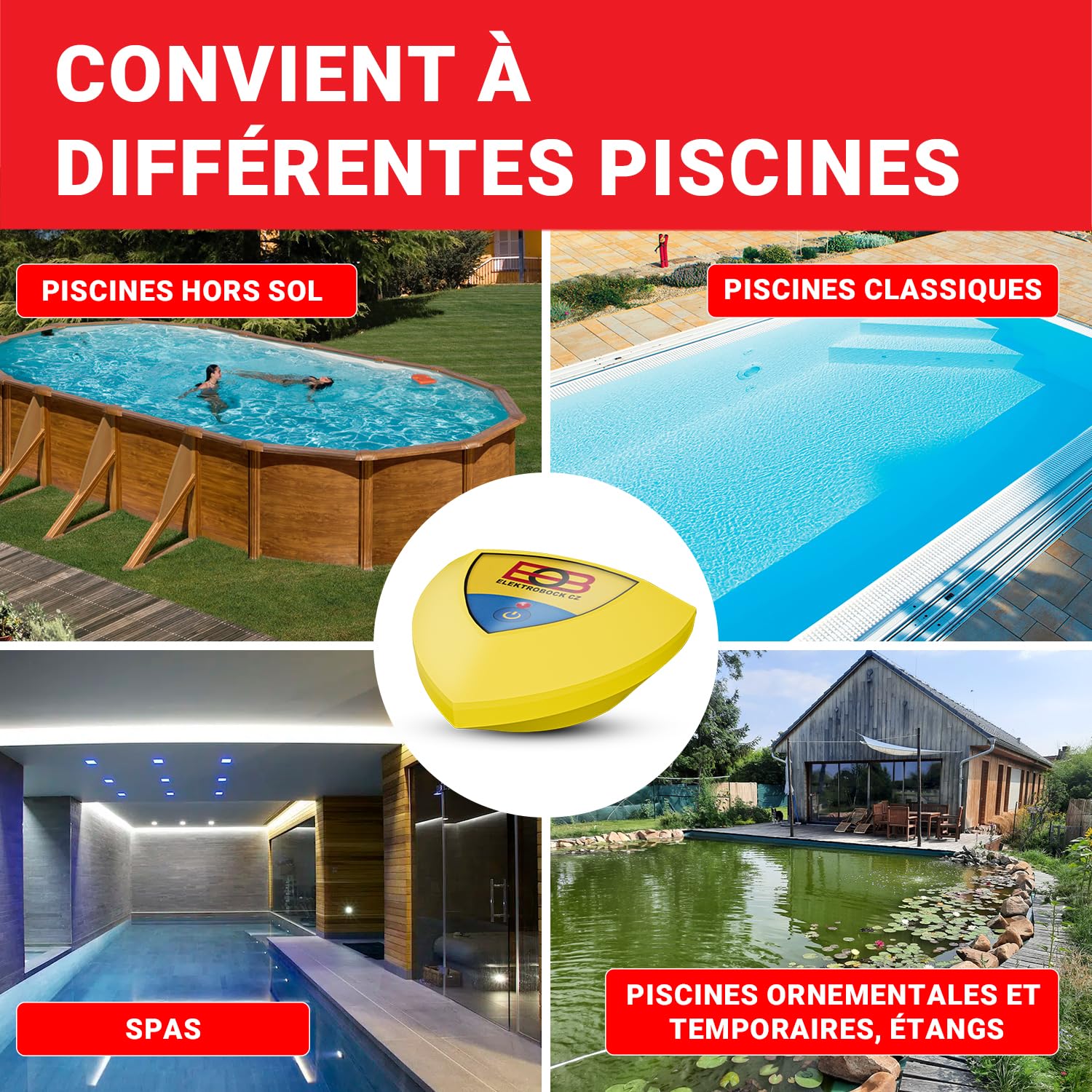 ELEKTROBOCK Alarme de piscine ELBO-073 - Détecteur de mouvement flottant avec sirène 95dB, l'eau bouge - le récepteur radio déclenche une alarme forte, installation facile, IP67, pour toutes piscines