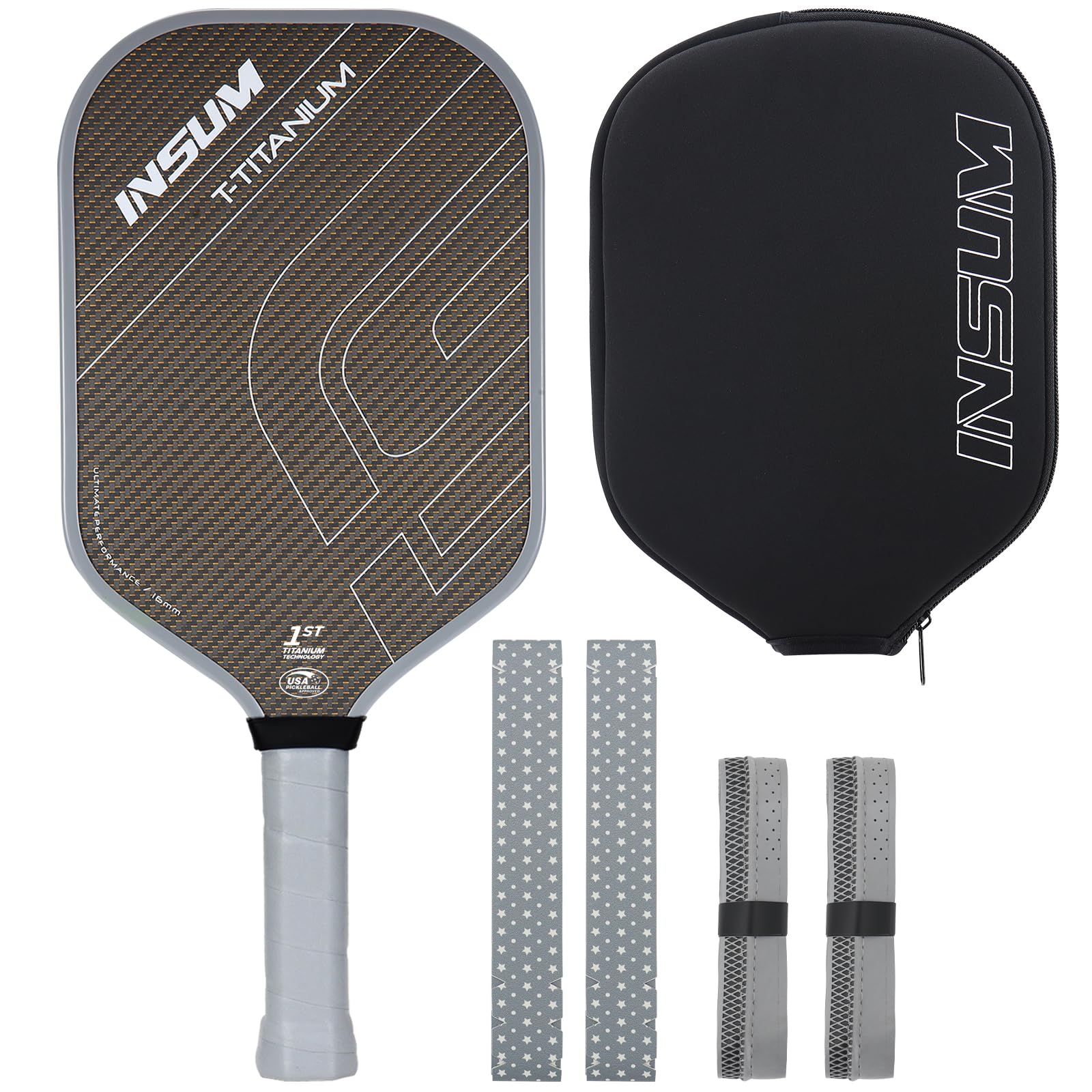 INSUM T-Titanium Pickleball Paddles,USAPA Approved,1st Titanium Tech Pickleball Paddle16mm | 8 oz, 2 Pack Pickleball Paddle Grips & 2 Pack Edge Gurad Protection Tapes