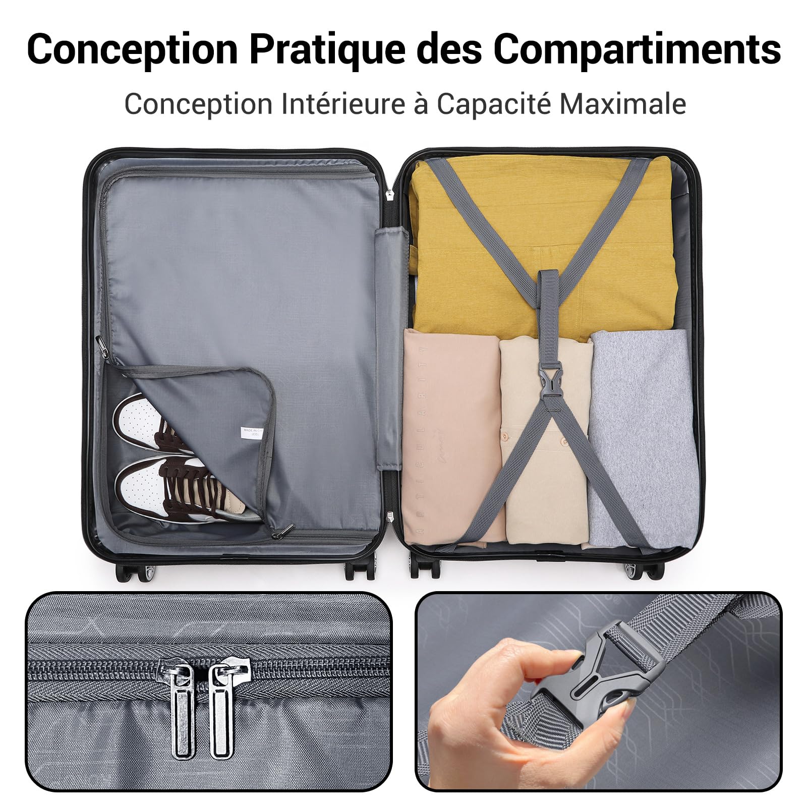 Kono Valise Grande 74cm Rigide ABS Valise de Voyage 28 Pouces à 4 roulettes et Serrure TSA Valise de Mode, Noir