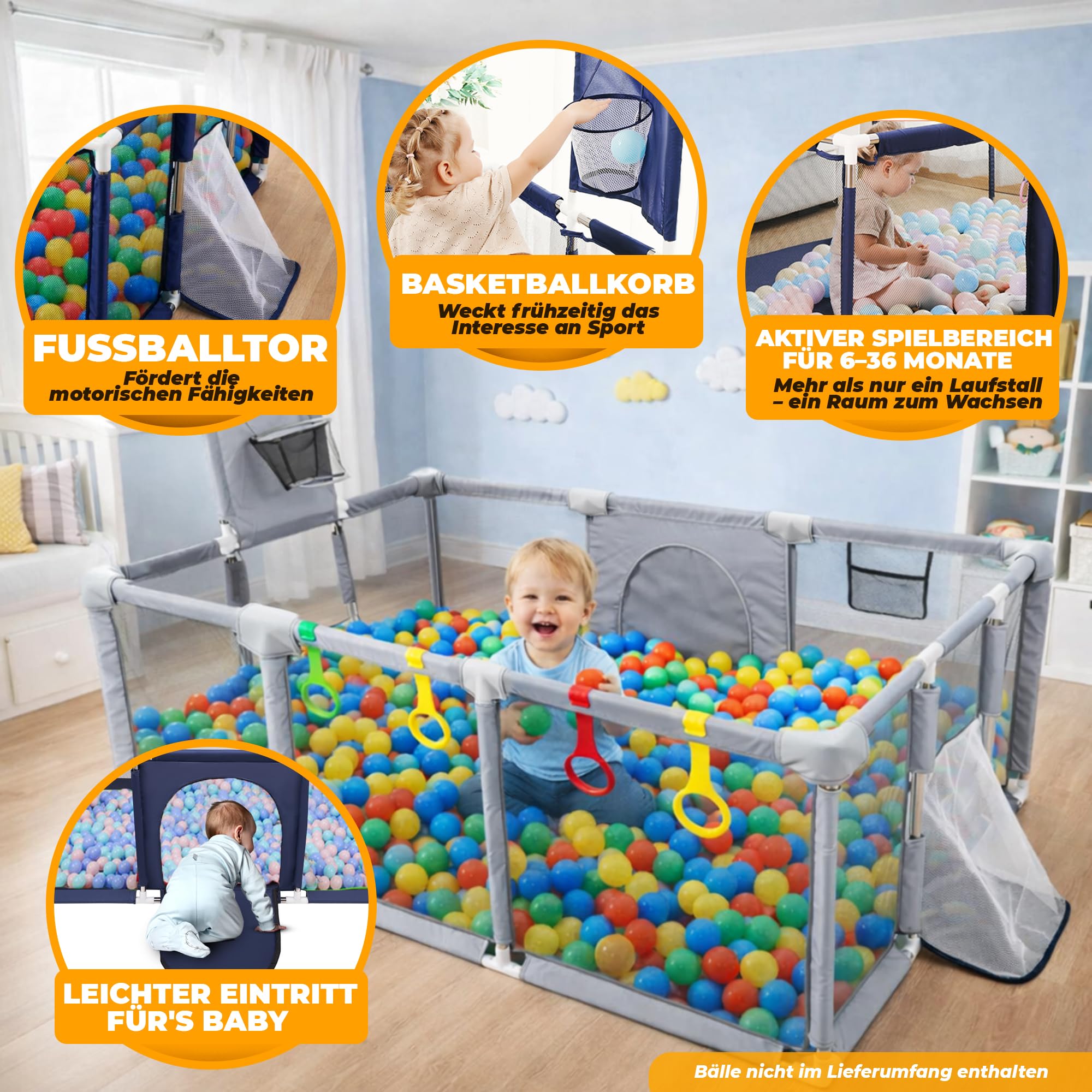 Laufstall Baby 180x122 cm mit Basketballkorb & Fußballtor – Laufgitter XXL | XXL Laufstall mit Basketballkorb, Fußballtor, Spielringen und atmungsaktivem Netz.
