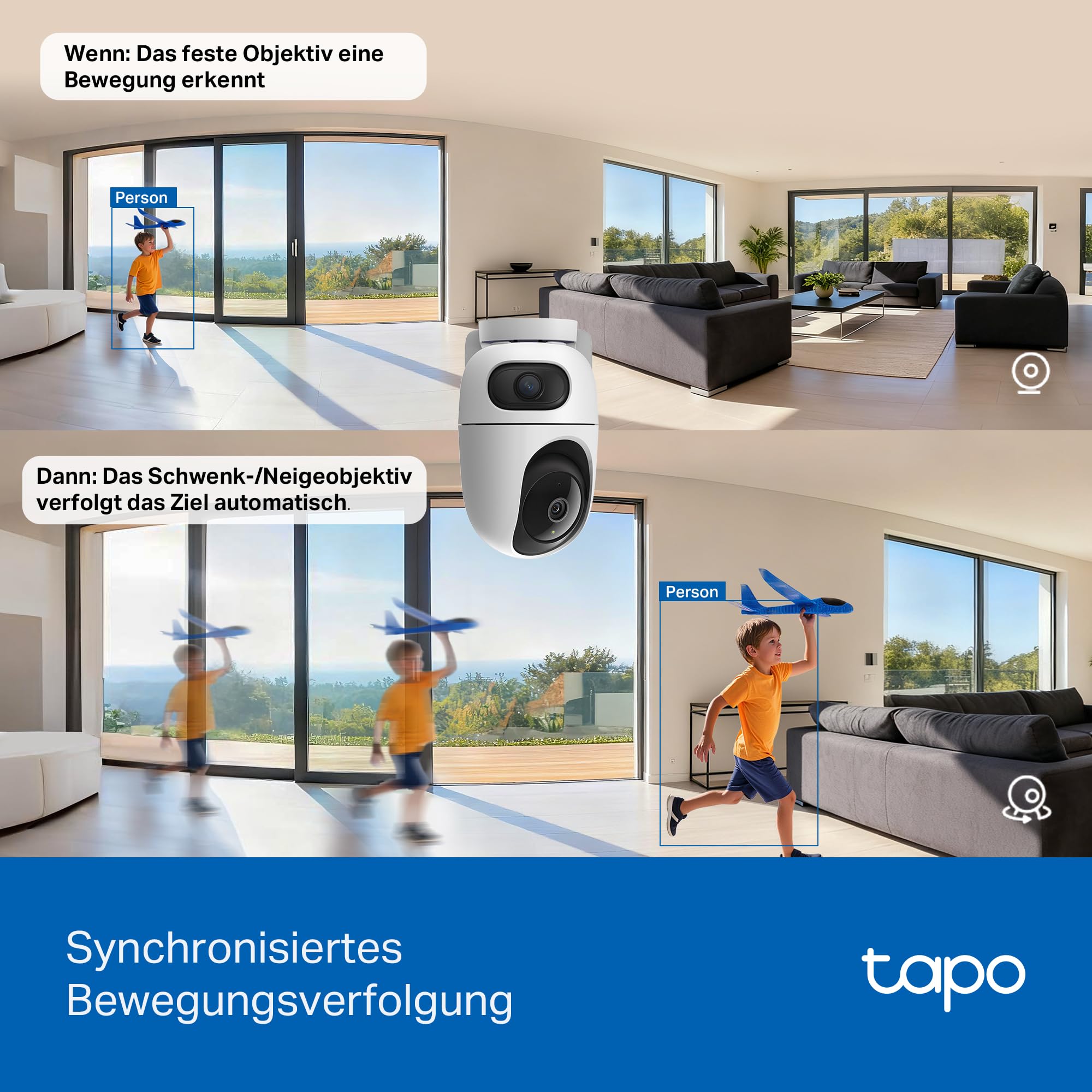Tapo C245D Dual Kamera Überwachung Innen, 2K Weitwinkel- & Teleobjektiv, 2 Bereiche gleichzeitig überwachen, KI-Erkennung ohne ABO, IR-Nachtsicht, lokale Speicher mit Micro-SD oder H500 CentralHub