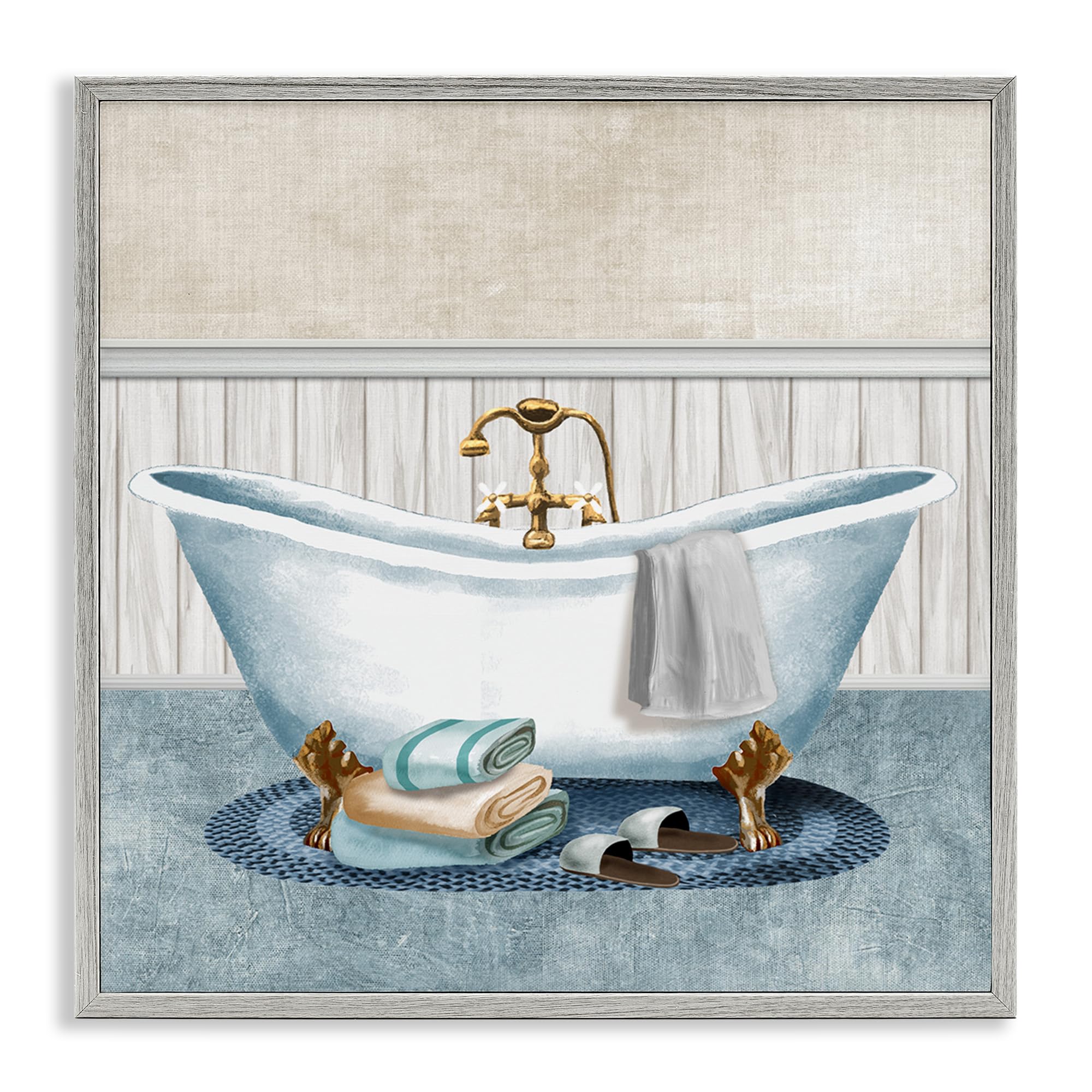 Stupell Industries Farmhouse Gray (Textured) Cozy Spa Bathtub Slippers Relaxation, 17 X 17 Inch Framed Giclée Print