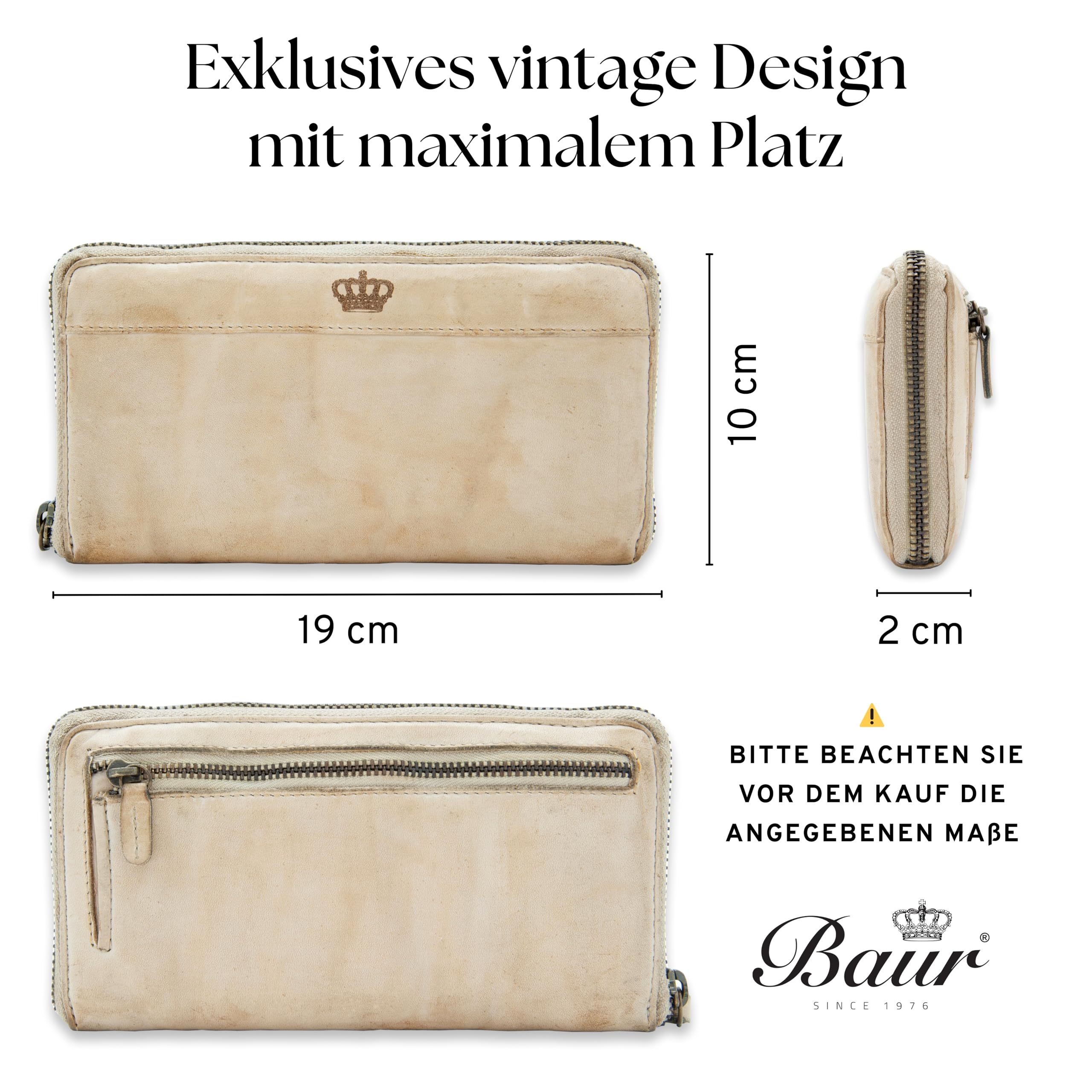 Baur Damen Geldbörse aus extra weichem Waschleder – Geldbeutel im Used-Look mit RFID-Schutz – Großes Portemonnaie mit 12 Kartenfächern – Rundum-Reißverschluss aus Metall (Glatt, Beige)