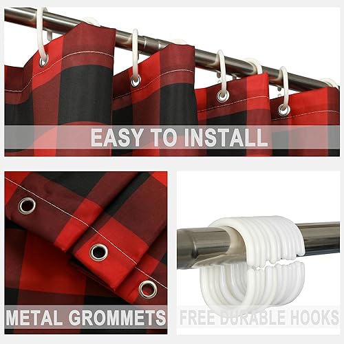 Miniatura 6 de Cortinas de ducha rústicas de poliéster a cuadros rojos y negros, juego de cortinas de ducha de poliéster estilo retro, impermeables, lavables,