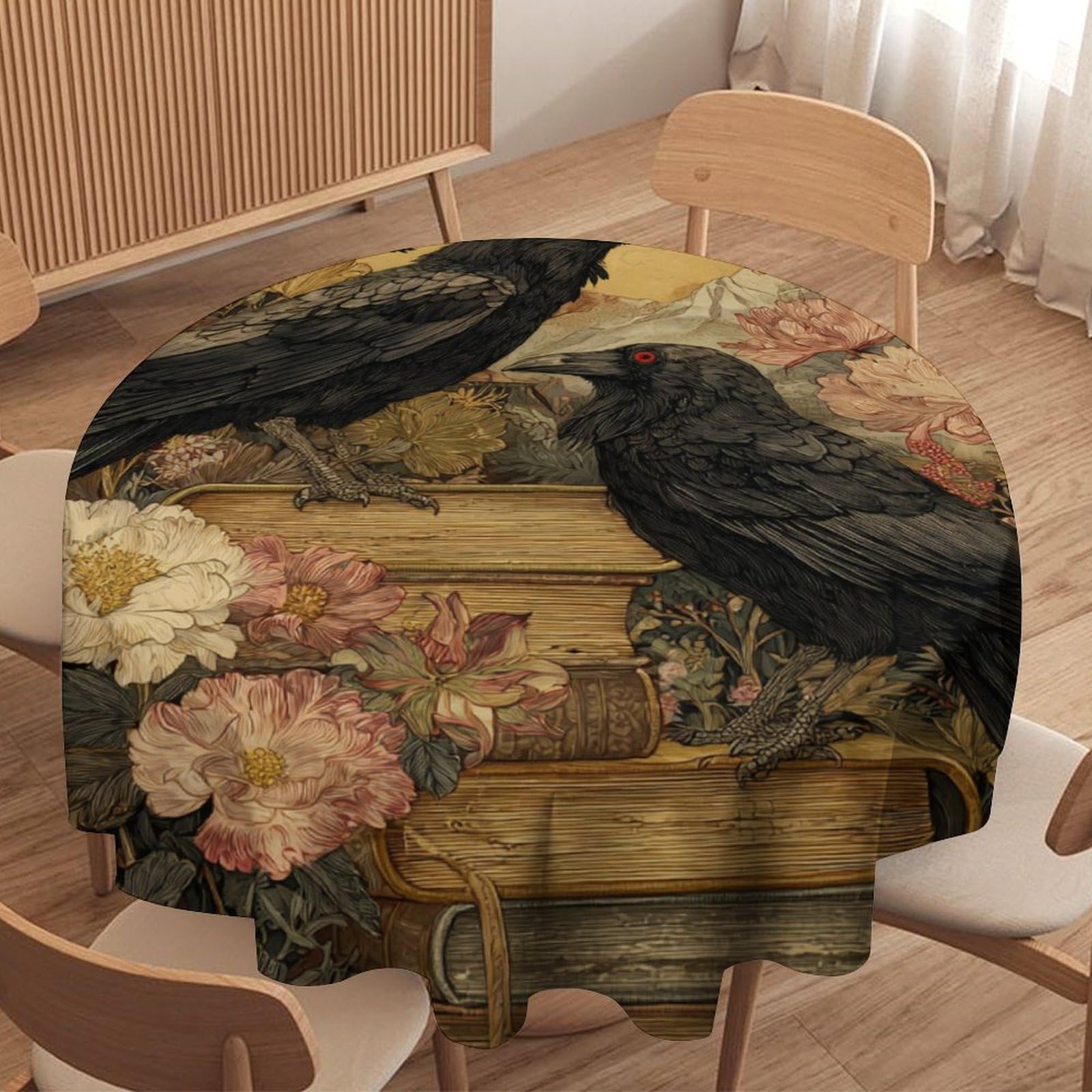LUYYSKY Vintage Classic Animal Raven Round Tablecloth Retro Oil Painting Gothic Wildlife Crow Plant Daisies Flowers Books Washable Decor for Table Cover for Kitchen-91.4" Wx91.4 L cm