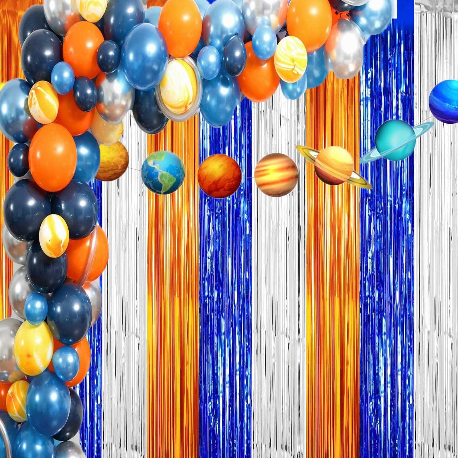 Dart War Party Photo Booth Props Backdrop Orange Blue Sliver Foil Fringe Curtains for Dart War Outer Space Birthday Party Decorations 3 Pack.9.9x19.8ft