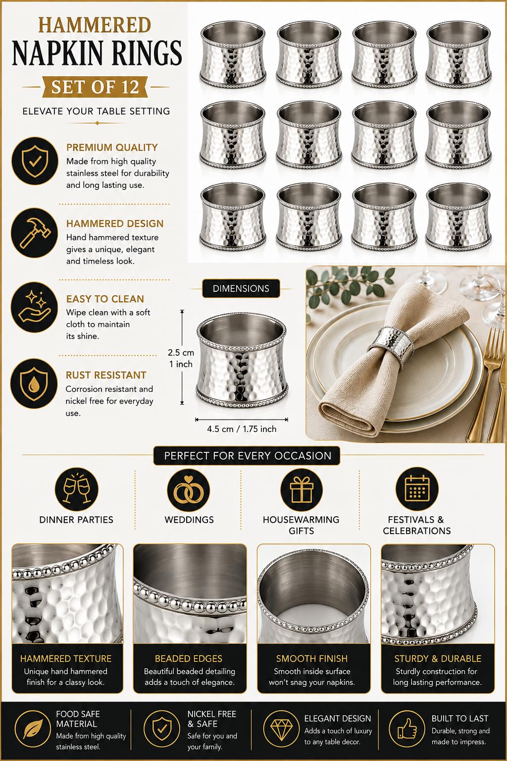 ITOS365 Lot de 12 ronds de serviette en métal martelé avec perles argentées pour serviettes en tissu, décoration de table élégante pour mariages, Thanksgiving, Noël et dîners