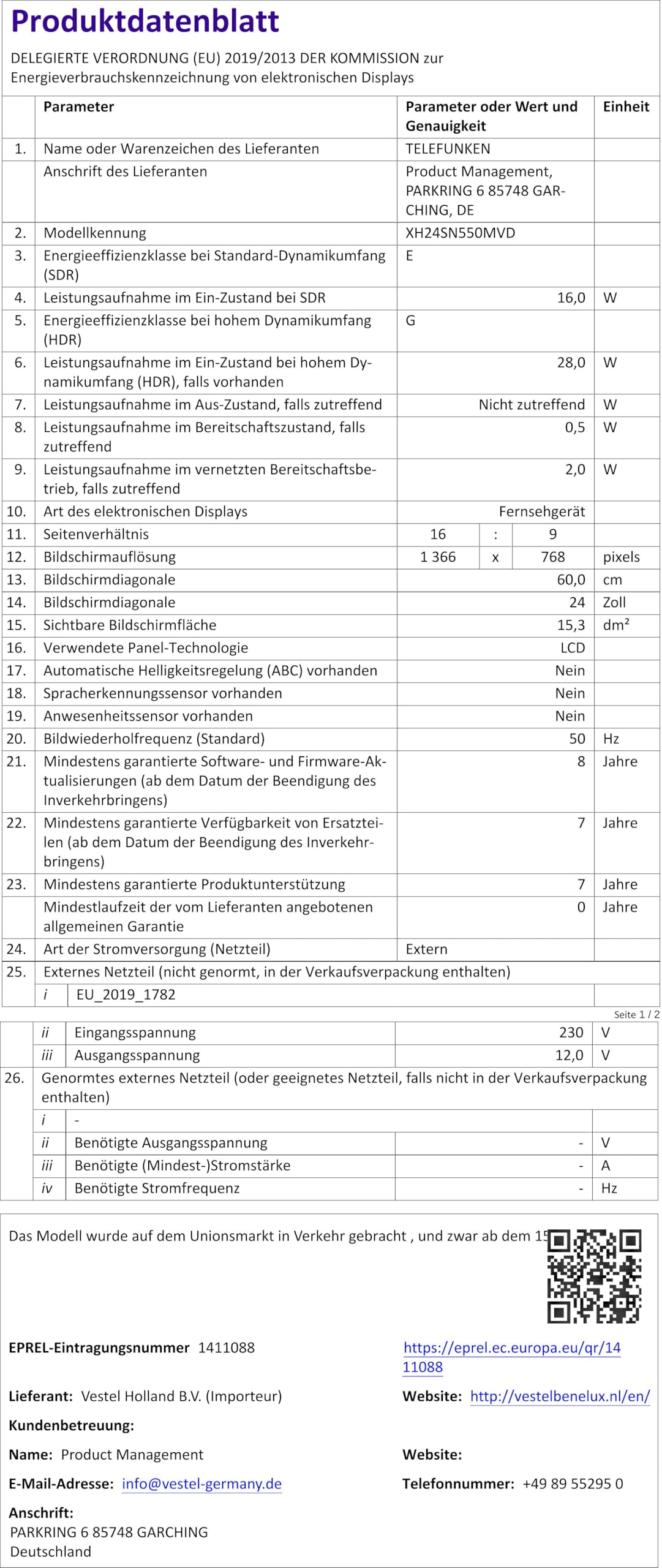 Produktkort til TELEFUNKEN XH24SN550MVD