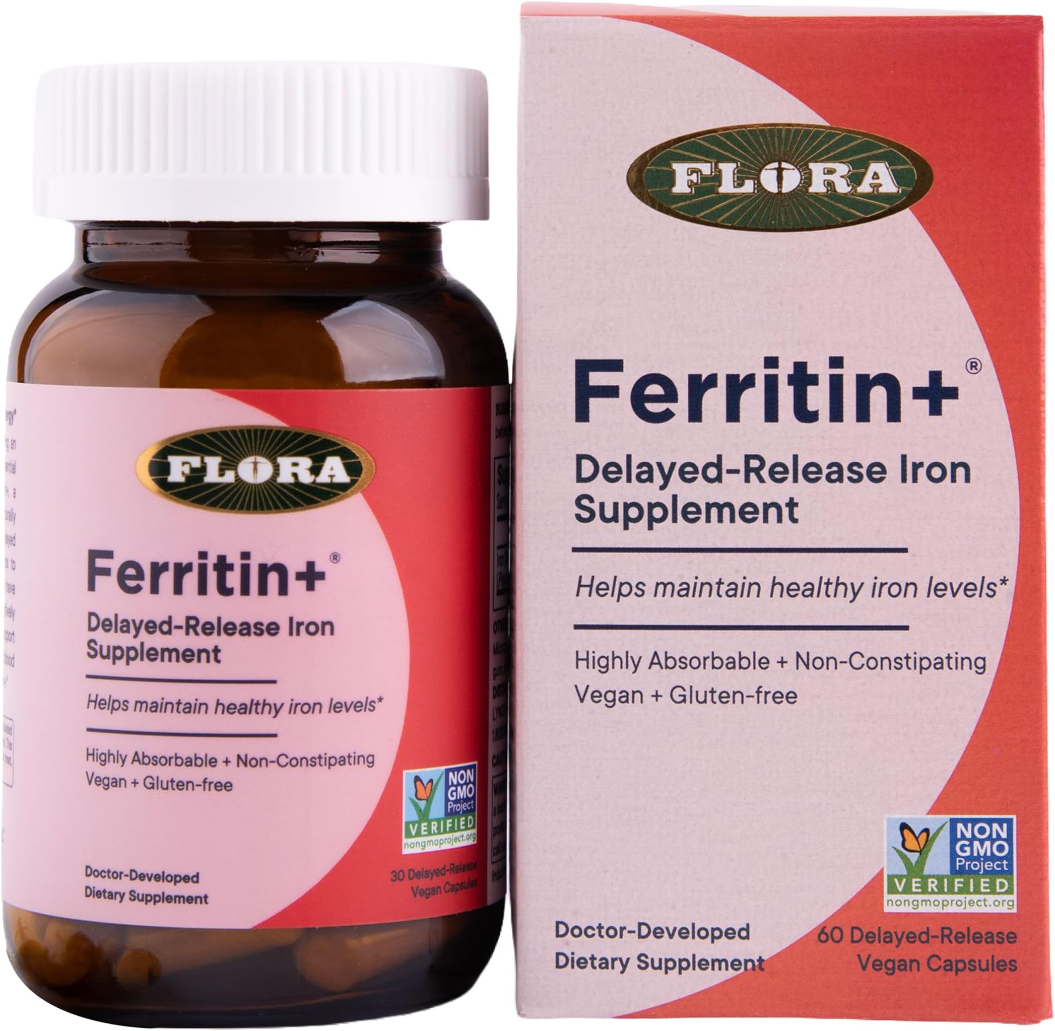 Flora Ferritin+ Delayed-Release Iron Supplement - Plant-Based Iron Supplement - Blood Cell & Energy Support - Vegan & Gluten-Free - Amber Glass Bottle - 30 Vegan Capsules