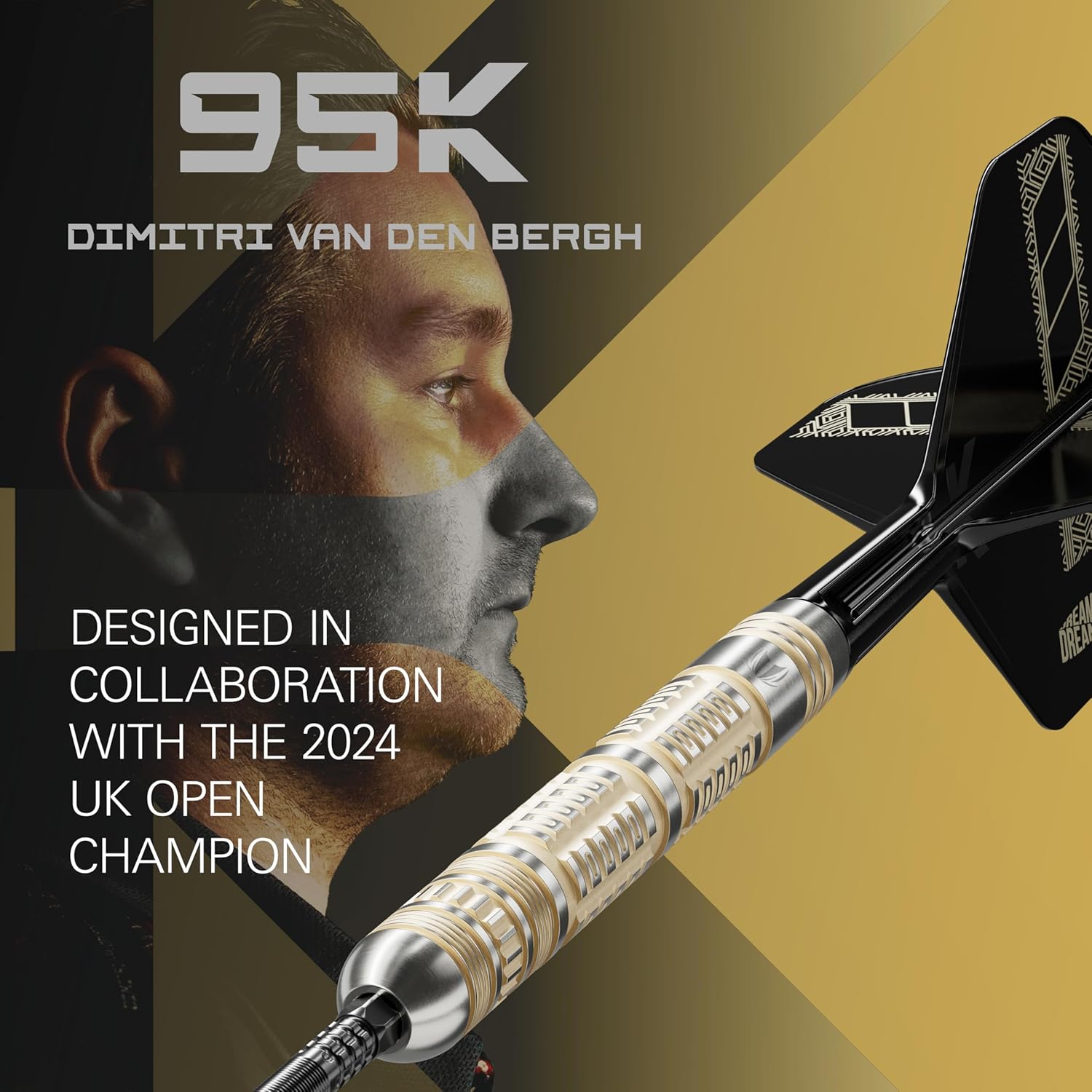 Target Darts Dimitri Van den Bergh Steel Tip 95K Dart Set, 22G/23G/24G | 95% Tungsten Darts, K-Flex No.2 Flights & Shafts, Swiss DX Points Black & SP Tool Included | Player Edition Professional Dart