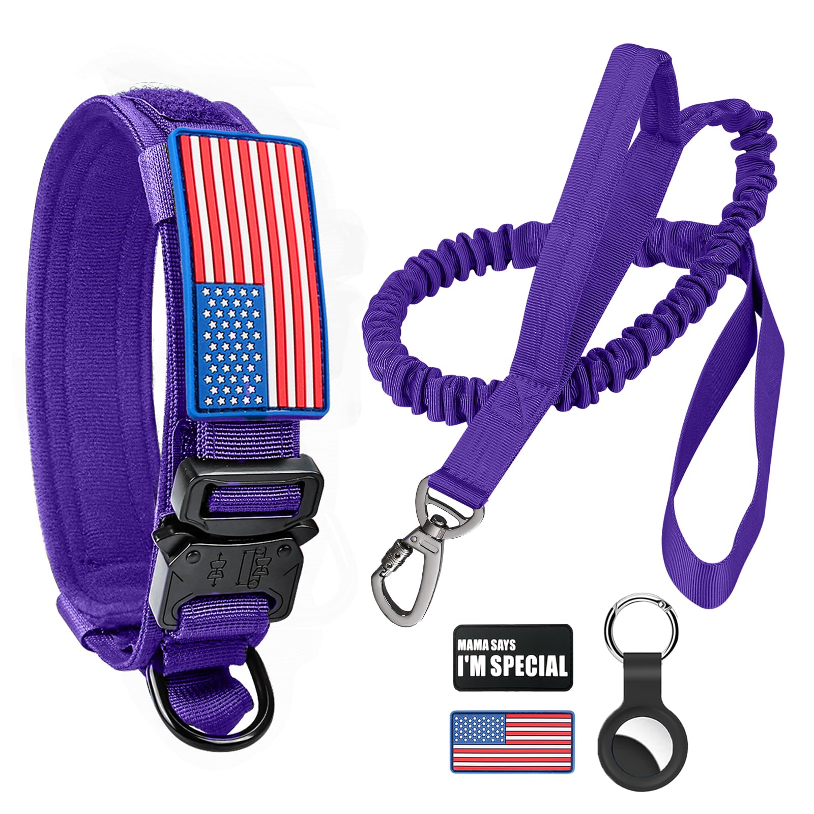 Tactical Dog Collar and Bungee Leash Set, Adjustable Military Training Nylon Dog Collar with Controll Handle and Heavy Metal Buckle，with USA American