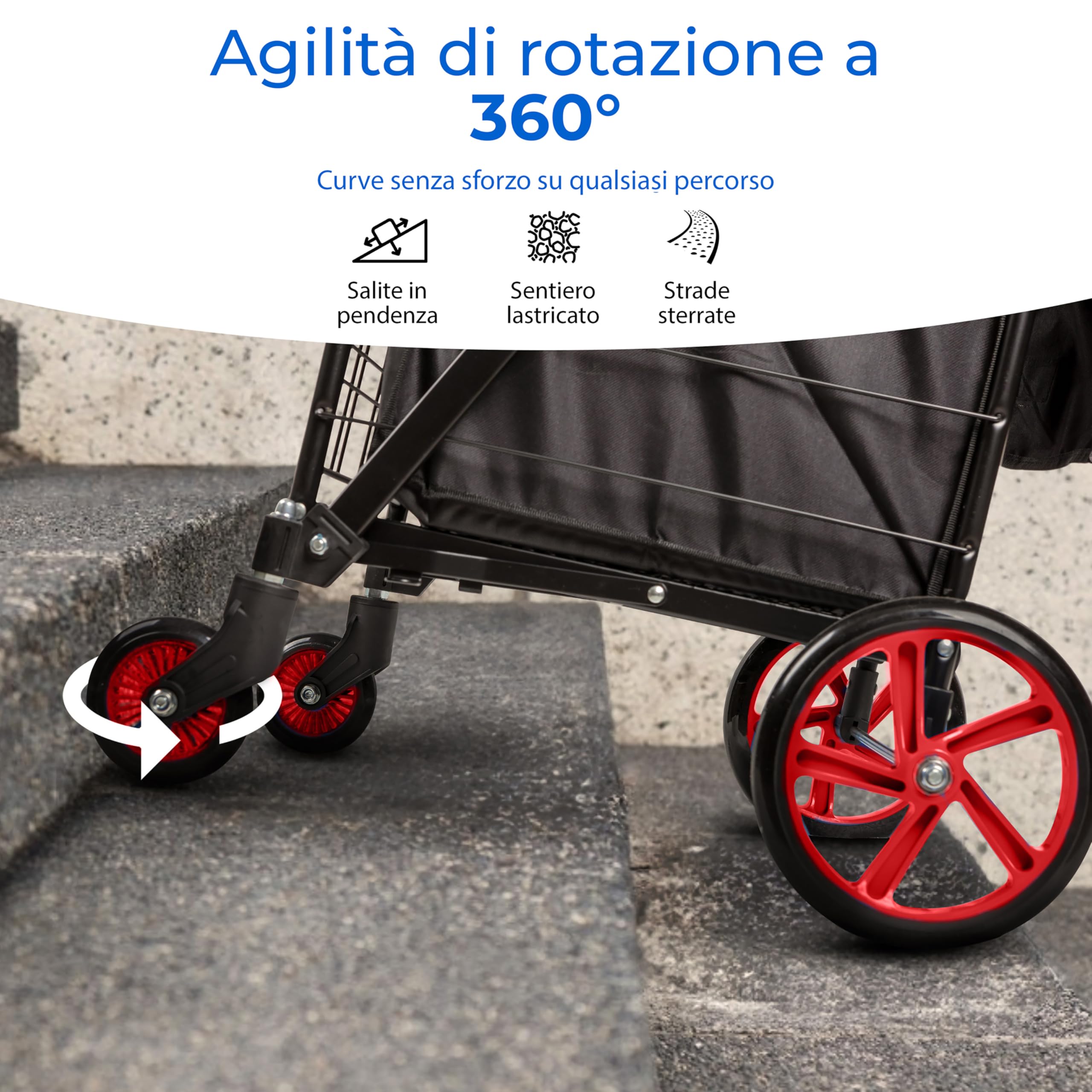Carrellino Portaspesa 2 Ruote In Acciaio, Borsa 33L In Poliestere, Ruote EVA 16,5 Cm – Leggero E Ergonomico Per Anziani (rosso)