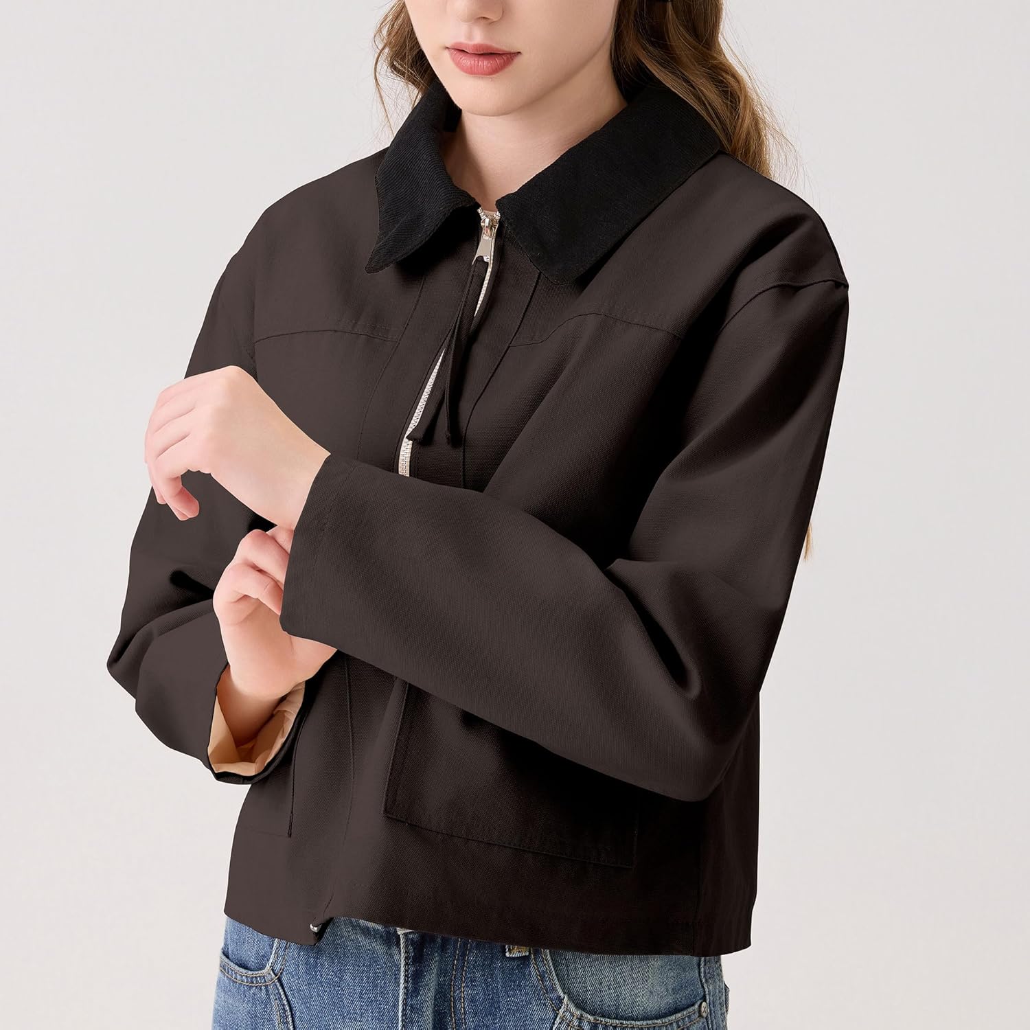 Womens Cropped Jacket Contrast Collar Zip Up Utility Coat Barn Jacket Outwear with Pockets - Image 6