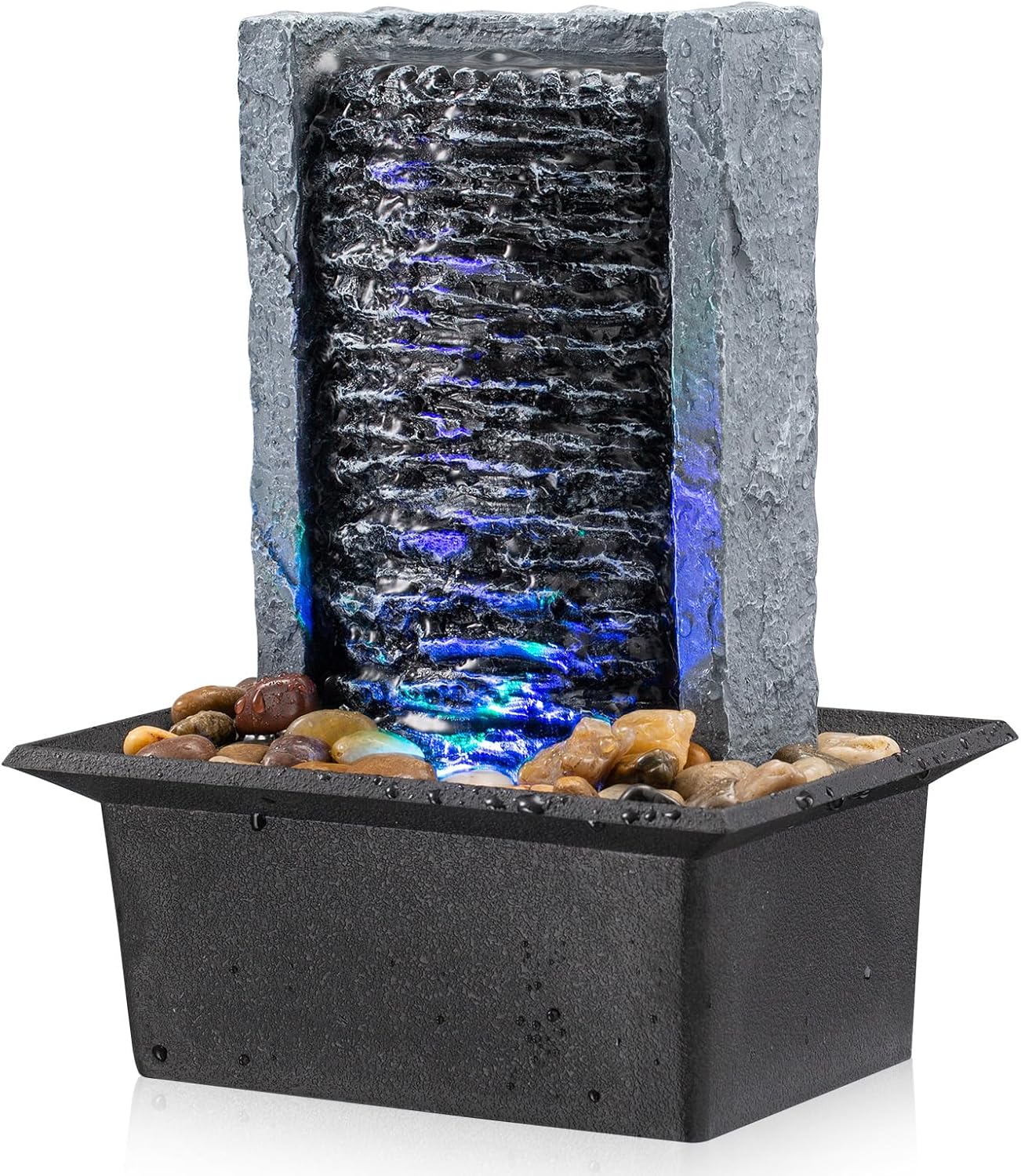 Tabletop Fountain Indoor Waterfall Rock Fountain LED-Lights Water Feature Waterfall for Modern Home and Office Indoor Decoration