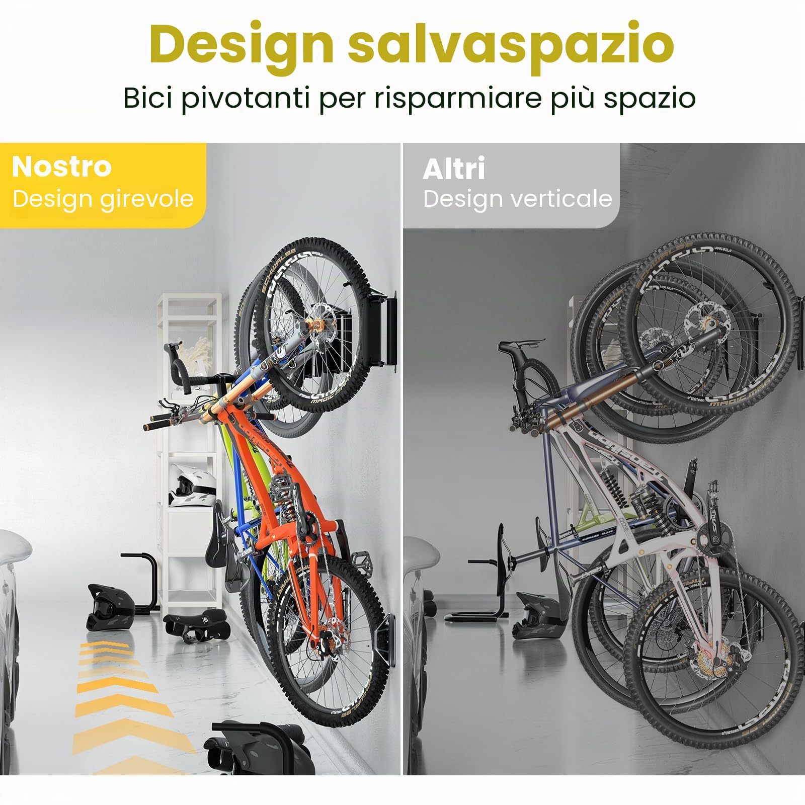 PUTORSEN Supporto Parete Bicicletta Verticalmente - Orientabile Gancio Bici Muro per Garage e Interni,Salvaspazio e Facile da Appendere Appendi Bici da Muro,Portata 35kg（2 pz.）