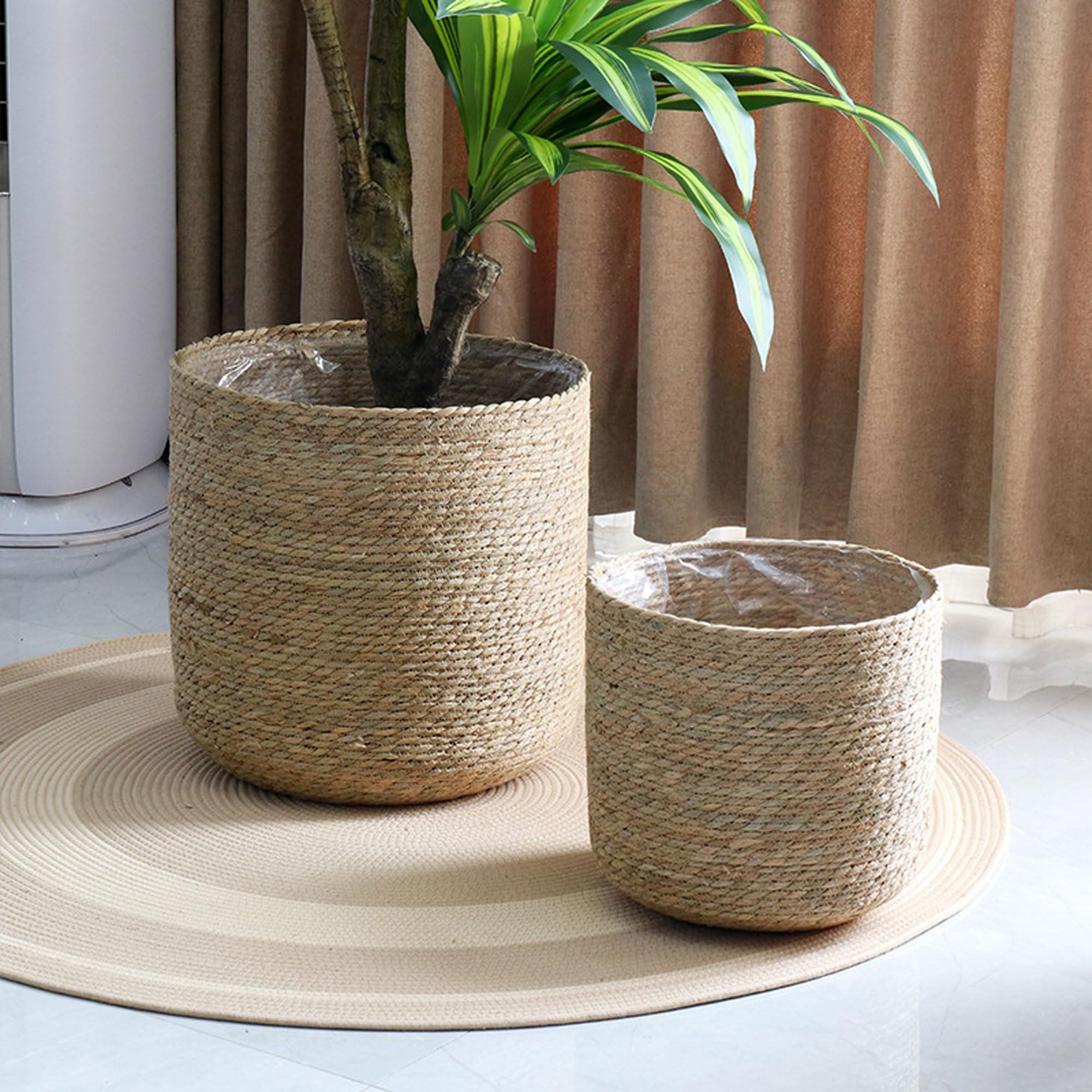 1 Panier Tressé en Jonc, Pot Plante Naturel Boho avec Anses, Panier Rond Décoratif en Osier pour Plantes Intérieur et Extérieur, Déco Arbres Maison(Size:Grand)