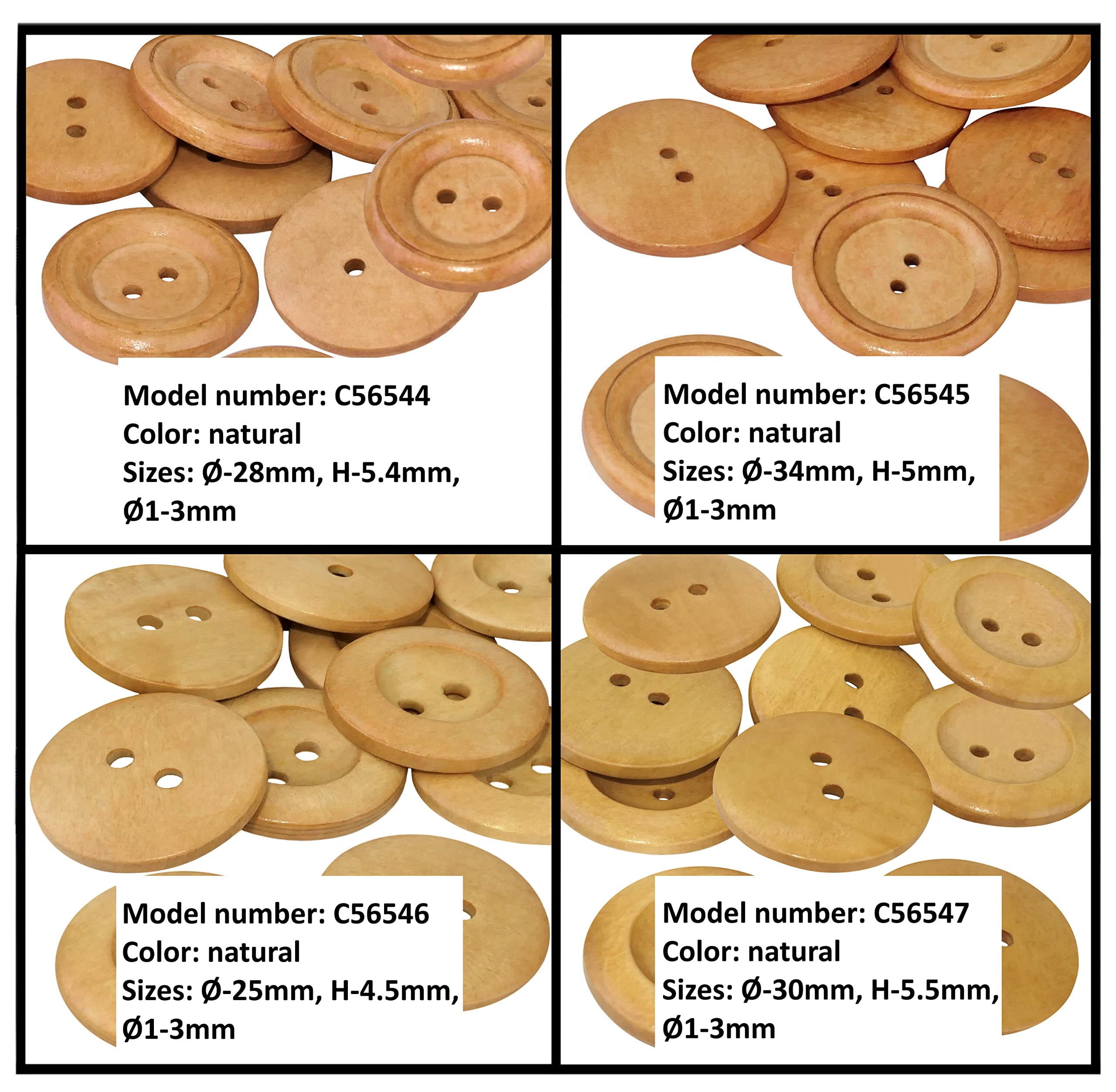 AERZETIX - C56547 - Set di 10 bottoni per cucire rotondi in legno verniciato 30x5.5mm con 2 fori - colore naturale - apertura 3mm - artigianato merceria /cucito a mano/abbigliamento decorazione