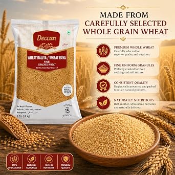 Deccan Wheat Rava 1kg – Wheat Daliya/Cracked Wheat | Coarse Semolina for Upma, Porridge & Traditional Recipes | Vegetarian Pantry Staple (Pack of 1)