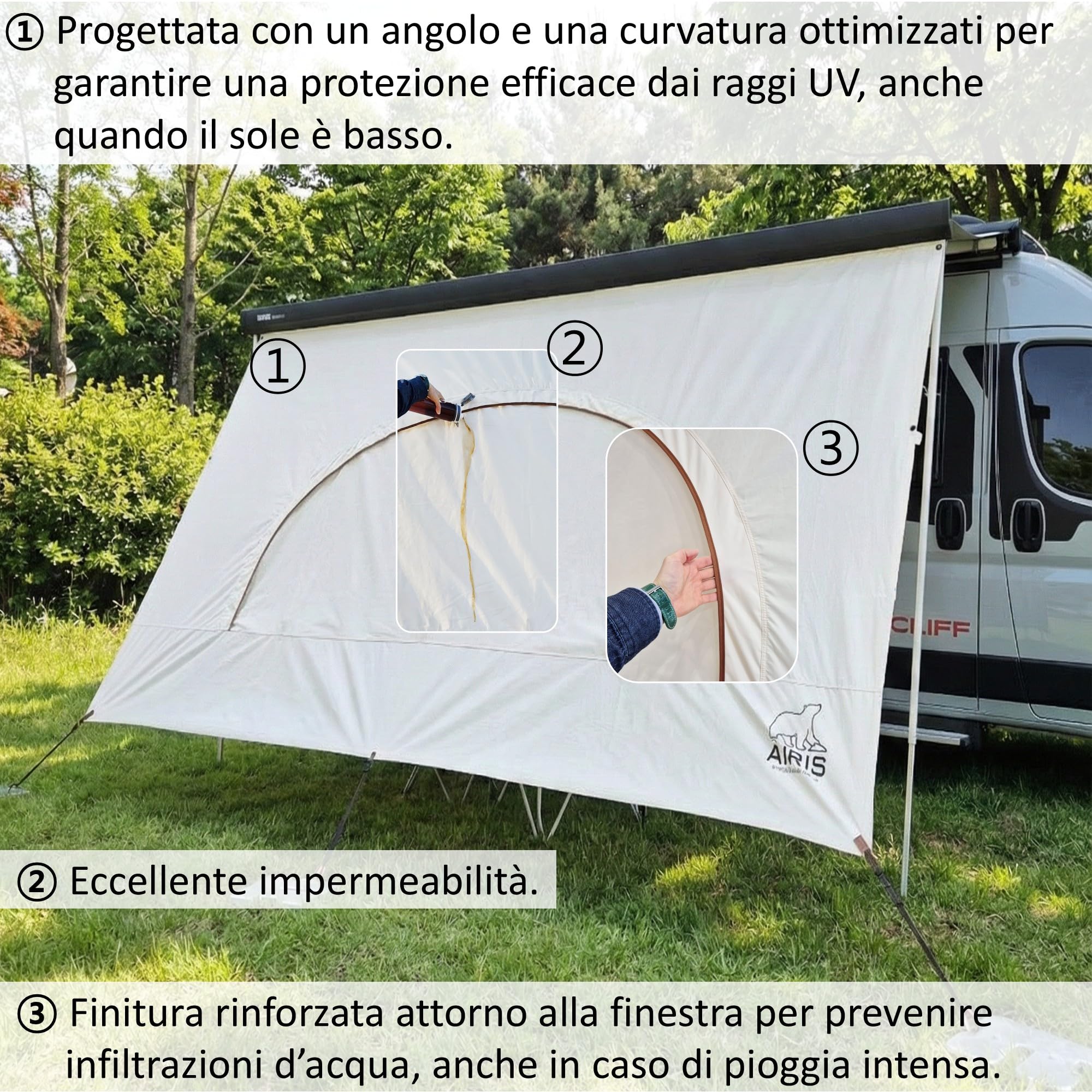 Fiamma F45 AIRIS Parete Anteriore Tenda da Sole Camper 390x190 cm Tessuto Misto Cotone Avorio Impermeabile Protezione UV