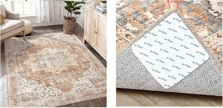 DTICON 6x9 Distressed Oriental Medallion Area Rugs Brick Red with Rug Tape 12 PCS Set