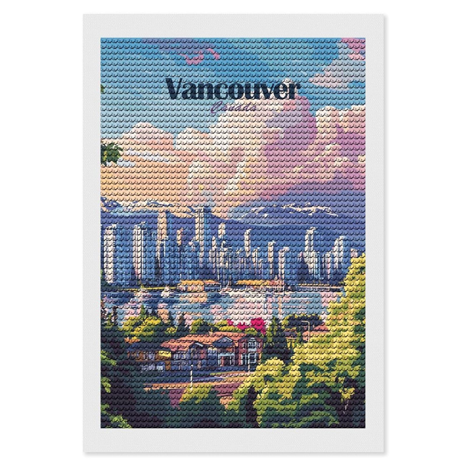 Junmoney Vancouver Skyline DIY Diamond Art Canvas Kit 8"x12", for Adults, Decorate Your Room, Gift Idea, Modern Decor, Finish and Display