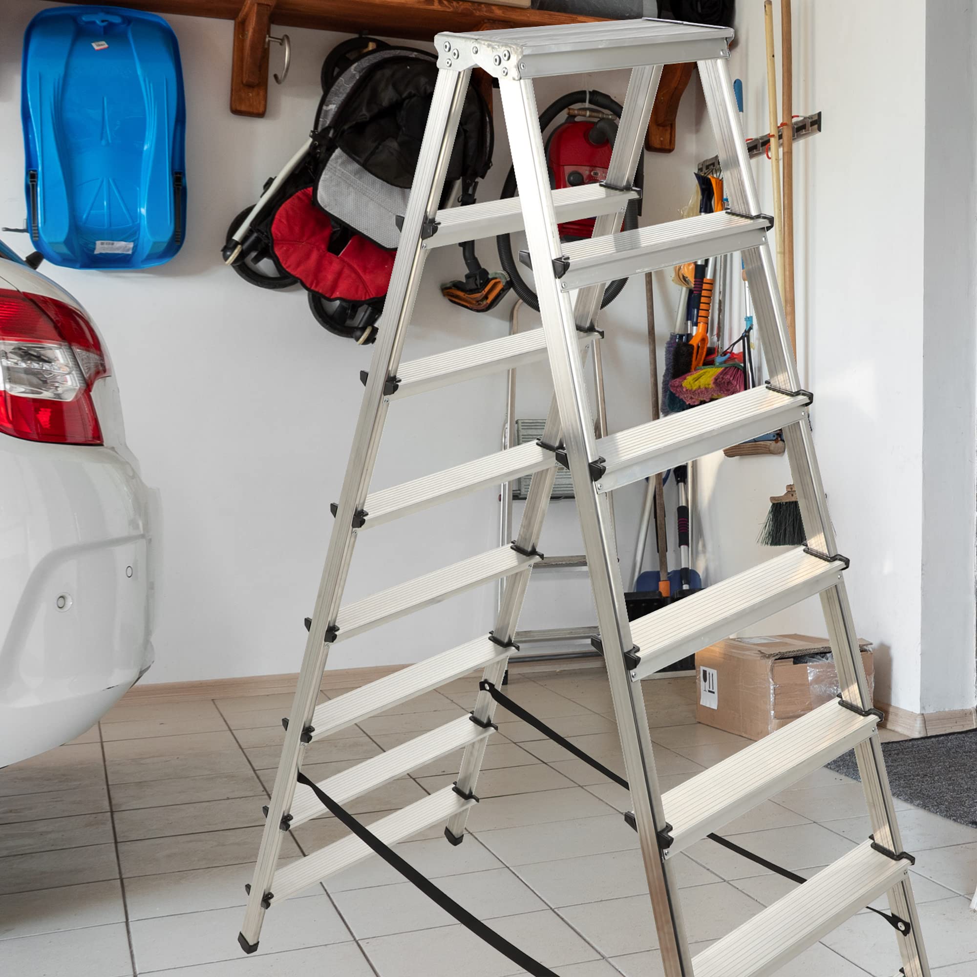 KADAX Échelle Double en Aluminium, Équipée de Marches Antidérapantes et d'une Conception Pliable Facilitant Le Stockage et Le Transport (8 Marches)