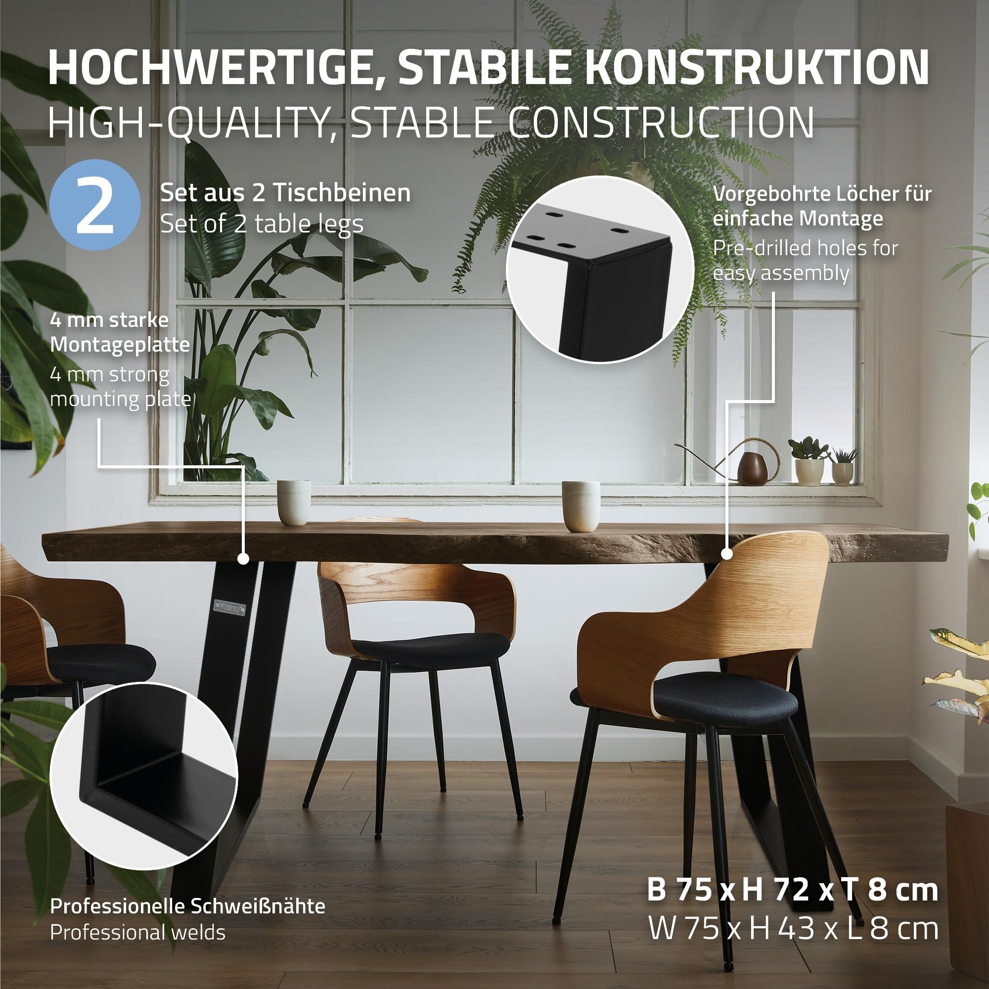 ML-Design Set de 2 Pieds de Table 80GRAD Inclinaison, 75x72 cm, Noir, Design Industriel, Profil 8x2 cm, Support de Plateau Inclinés, Patins de Meubles en Métal, pour Table Basse/Banquette