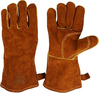 HHPROTECT Welding Gloves Oven Heat Resistant Fire Proof Gauntlets Leather Working Gloves for Fireplace BBQ Welder Grill Oven Stove Tig Work Mitts - 14IN