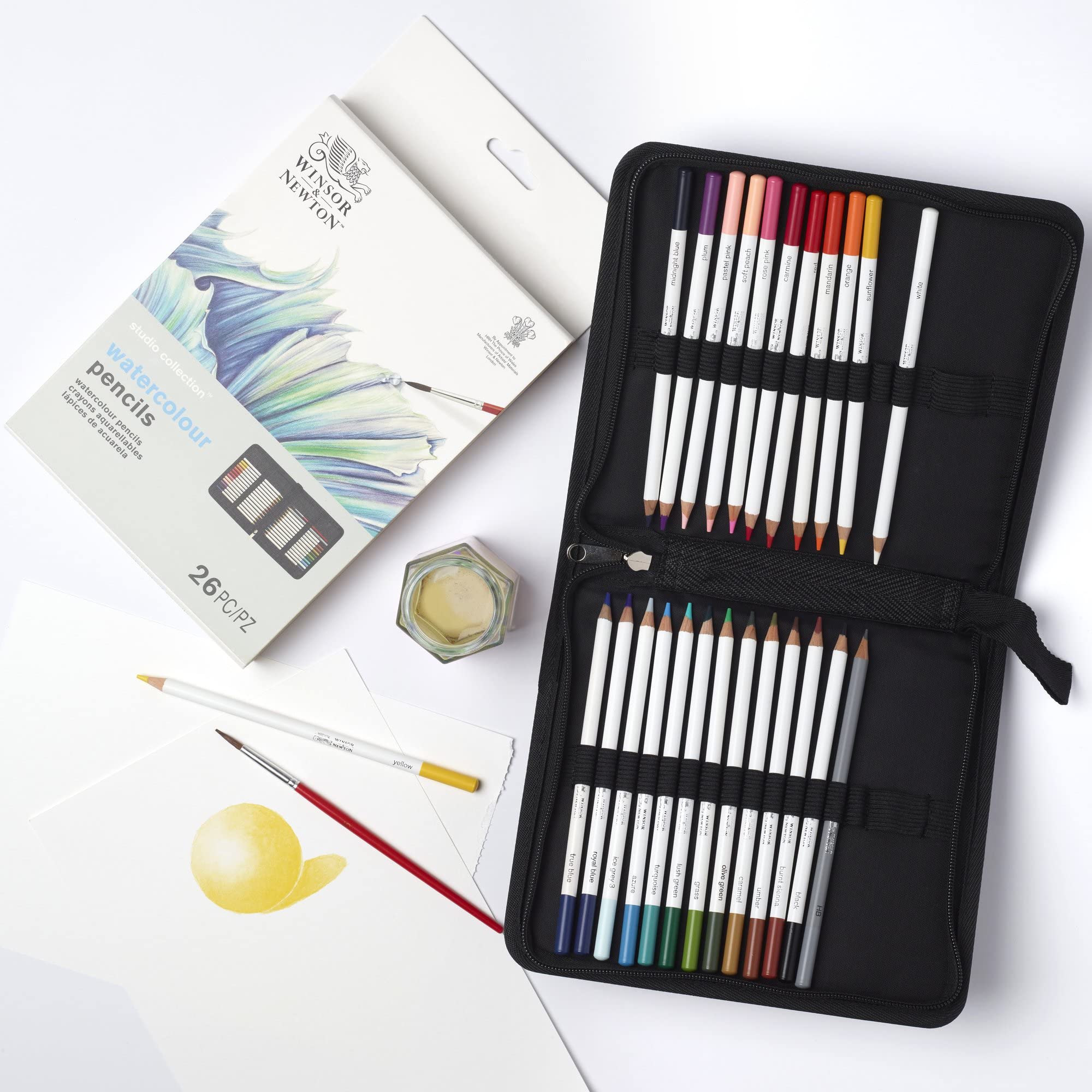 Winsor & Newton 2090005 26-teiliges Geschenkset zum Skizzieren, Illustieren, Zeichnen für Künstler mit 24 Aquarellstiften 1 Skizzenstift in HB und 1 Pinsel