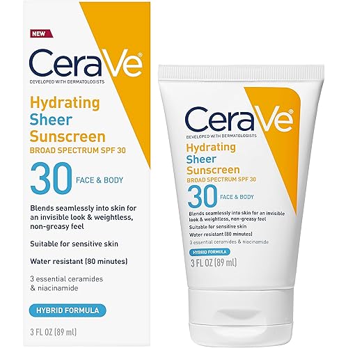 CeraVe Hydrating Sheer Sunscreen SPF 30 for Face and Body | Mineral & Chemical Sunscreen with Zinc Oxide, Hyaluronic Acid, Niacinamides and Ceramides| Paraben Free Fragrance Free | 3 Ounces