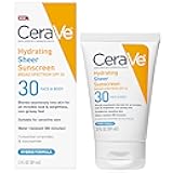 Hydrating Sheer Sunscreen with SPF 30 for Face and Body, Mineral & Chemical Sunscreen for Men & Women with Zinc Oxide, Hyaluronic Acid and Ceramides, Paraben-Free + Fragrance-Free, 3 Ounces