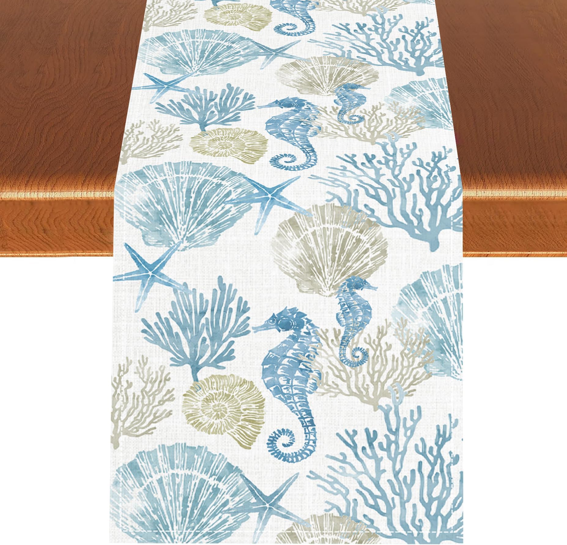 Blue Coastal Table Runner, Summer Nautical Starfish Seashell Coral Shell Underwater Animal Ocean Theme Dining Table Runner for Coffee Table Home Holiday Party Decor 13x36 inches