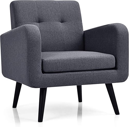 Giantex Silla decorativa tapizada moderna sillón de mediados de siglo con patas de madera de goma sofá individual de tela de lino para sala de estar disponible en Yaxa Colombia