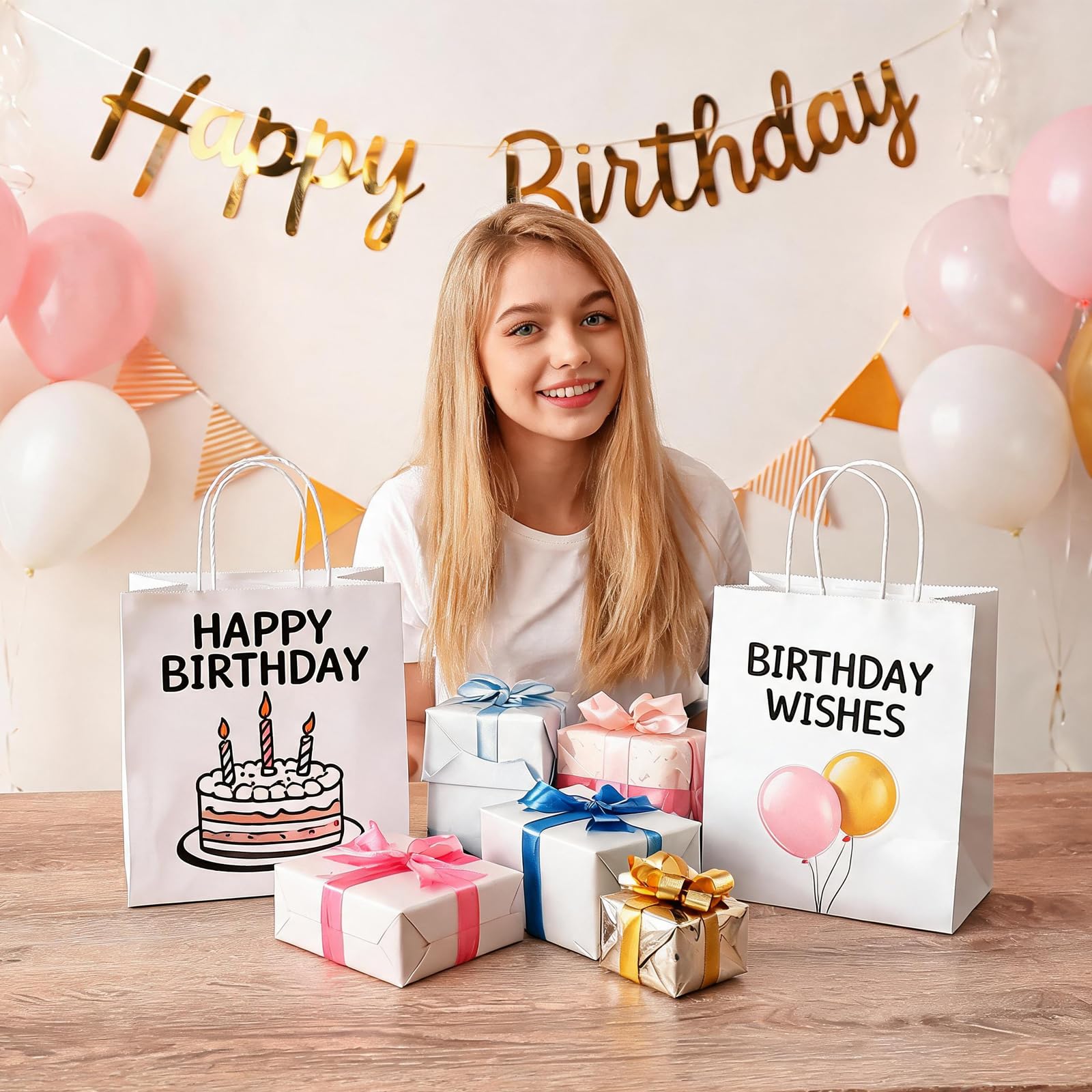 Bolsas de papel kraft blancas medianas con asas a granel, bolsas de regalo Bagmad de 8 x 4.7 x 10 pulgadas, bolsas de regalo para manualidades, compras, fiestas, bodas, sacos (100)