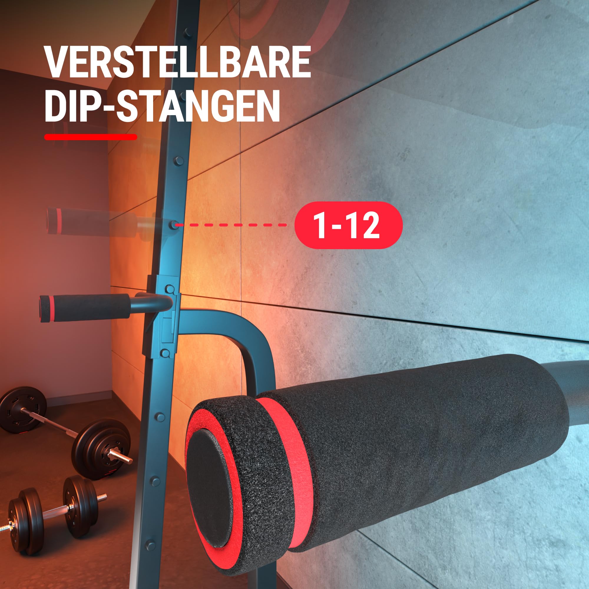HOP SPORT Kraftturm mit Squat Rack, Kniebeugenständer, Push-Up-Griffen, Dip-Station und Klimmzugstange - robuste Stahlkonstruktion bis 300 kg