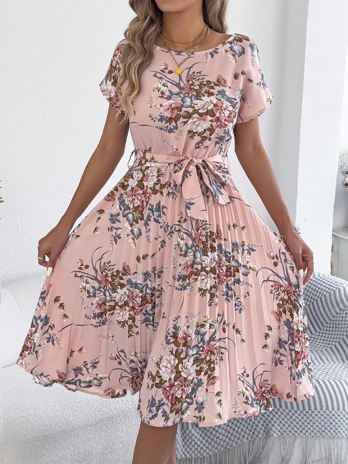 EeYu Women's Summer Floral Midi Pleated Dress 2026 Casual Boat Neck Short Sleeve Elegant Dress with Belt