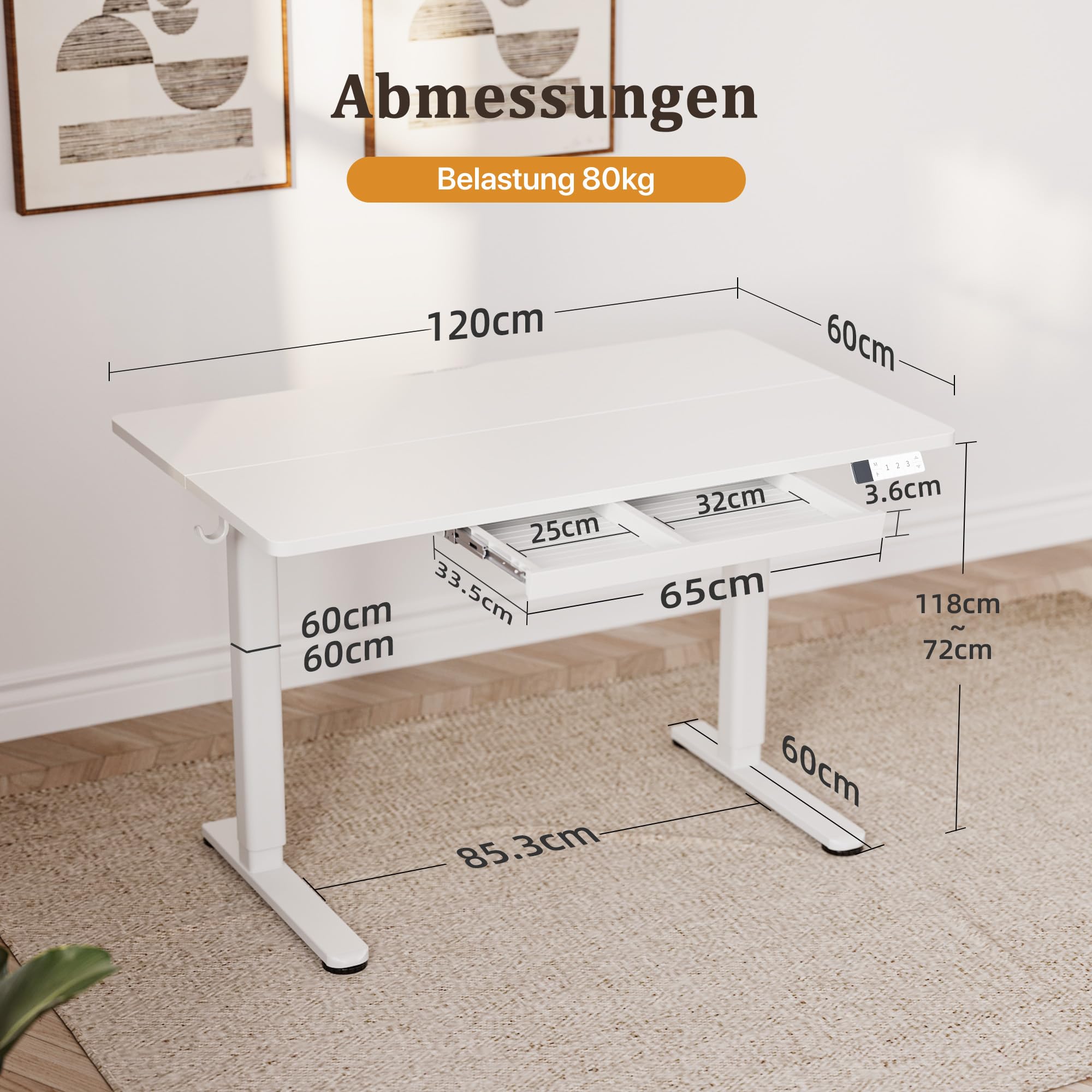 Claiks Höhenverstellbarer Schreibtisch 120x60cm mit Schublade, 80kg Tragkraft Elektrisch Schreibtisch Höhenverstellbar mit 3-Funktions-Memory und 2 Kopfhörerhaken, Standing Desk with Drawer, Weiß